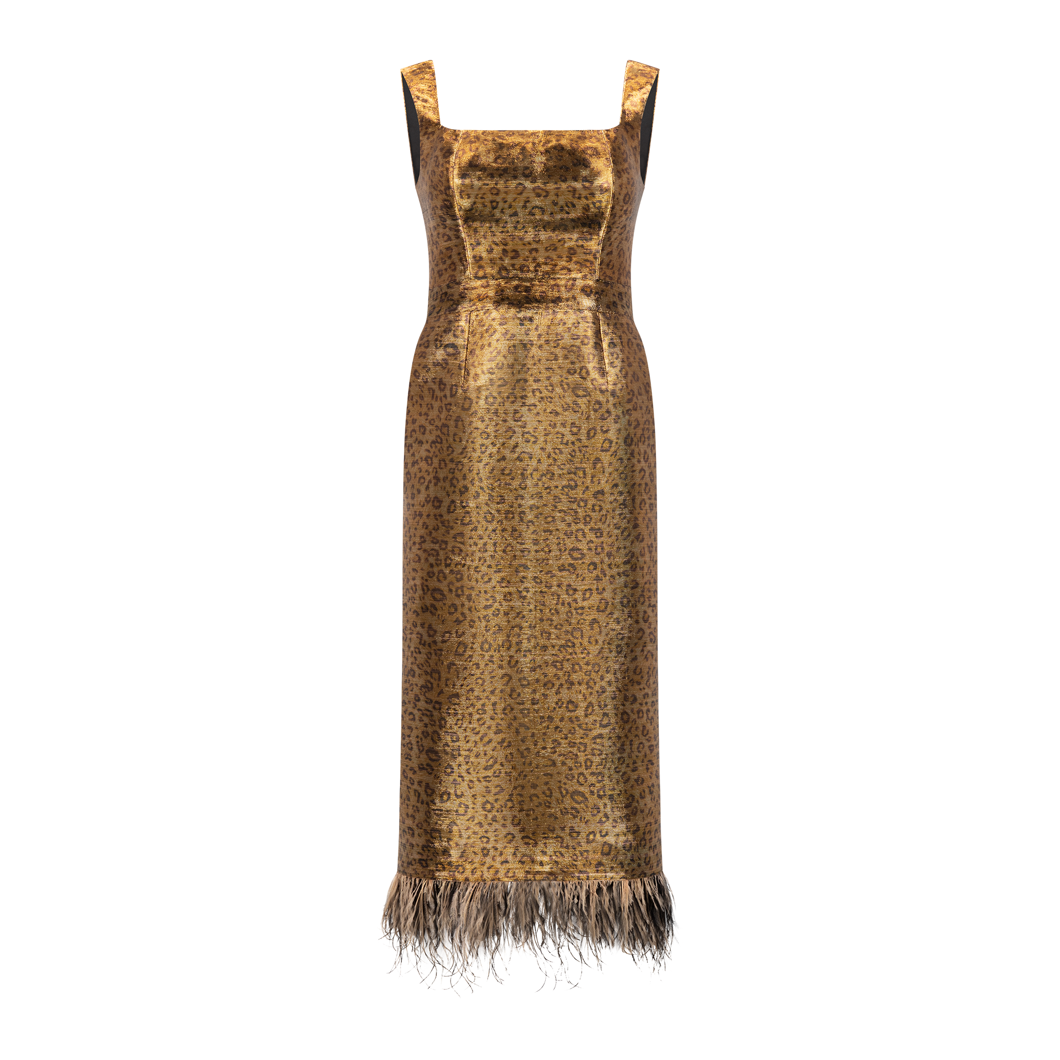 Leopard Print Feather-trim Bodycon Dress - Metallic Gold