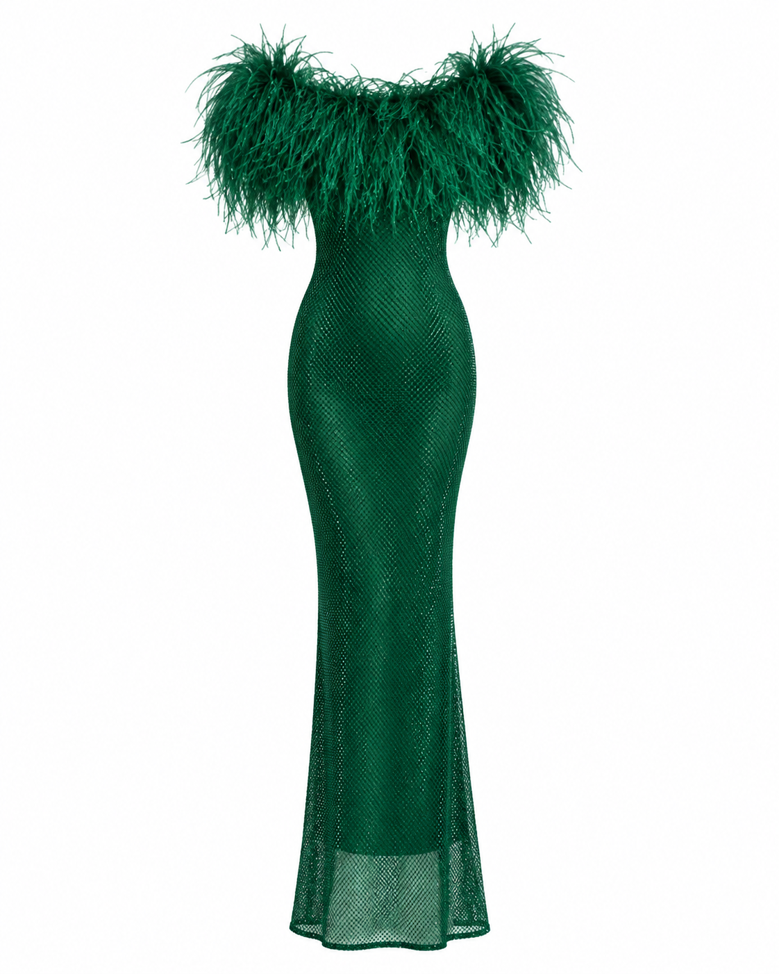 Crystal Embellished Feather Off-Shoulder Maxi Dress