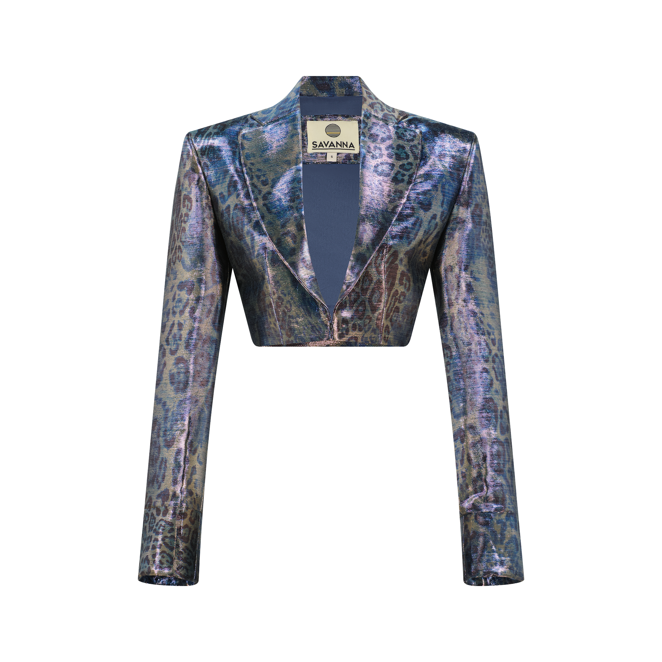 Leopard Print Crop Blazer - Metallic Blue