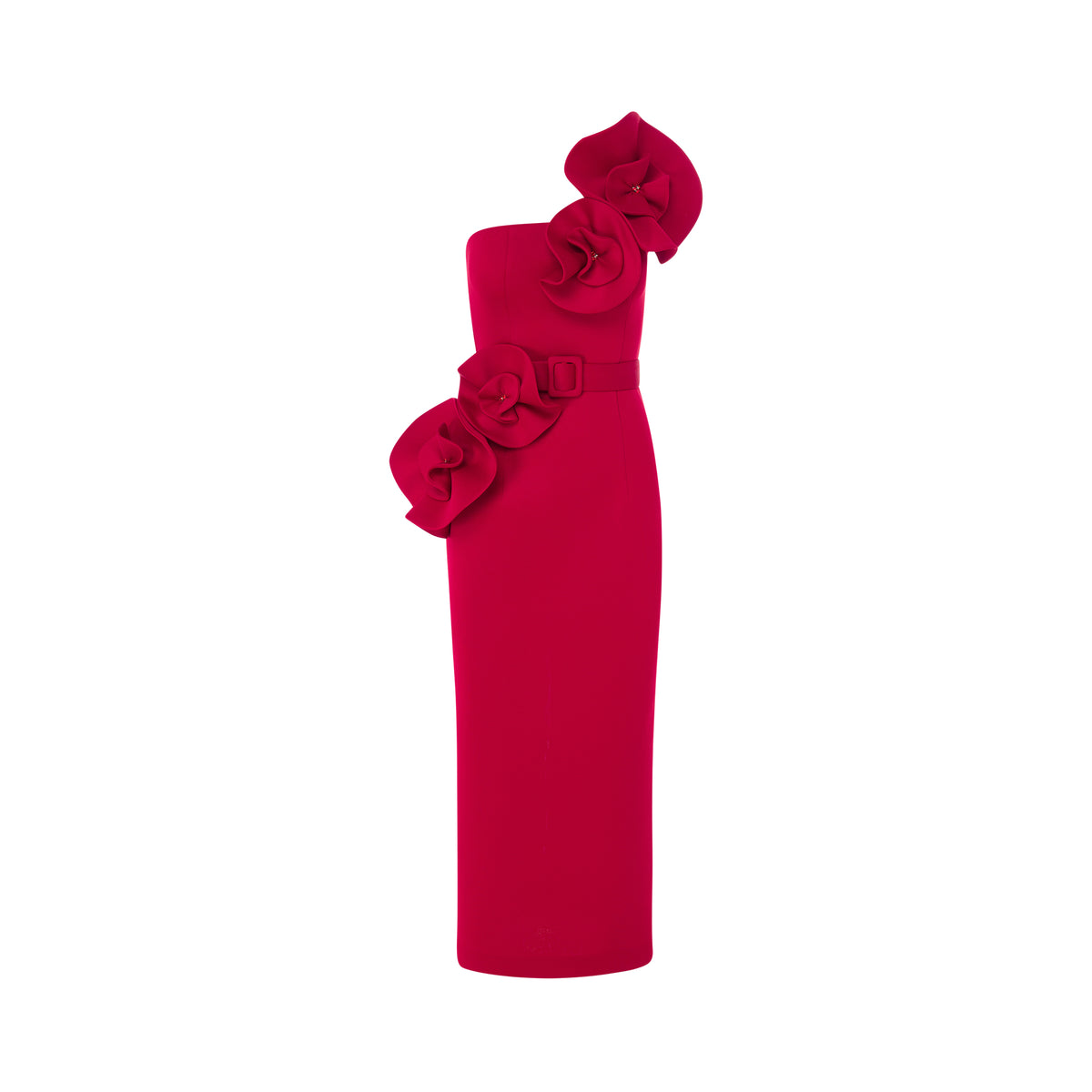 Floral Appliqué Pencil Belted Midi Dress