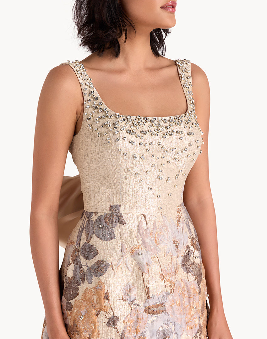 Brocade Crystal Embellished Mini Back Bow Dress