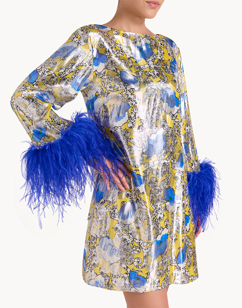 Rose-Pattern Feather-Trim Mini Dress