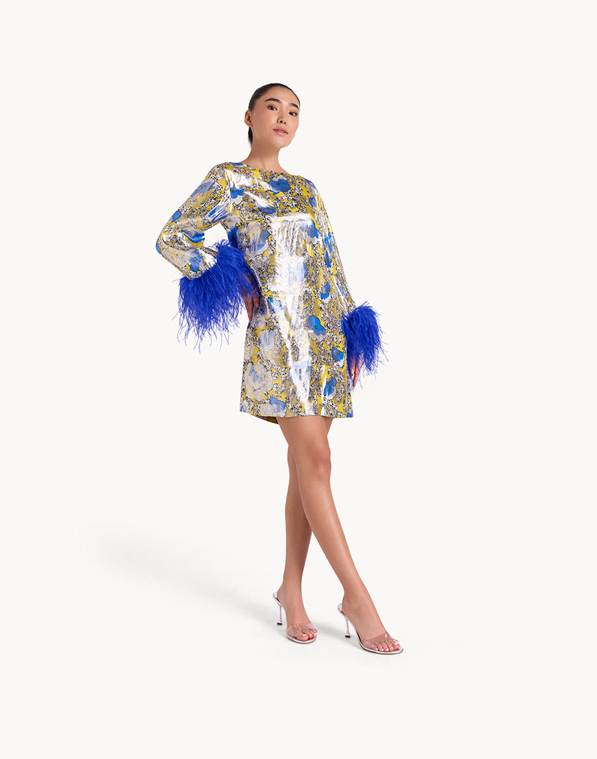 Rose-Pattern Feather-Trim Mini Dress