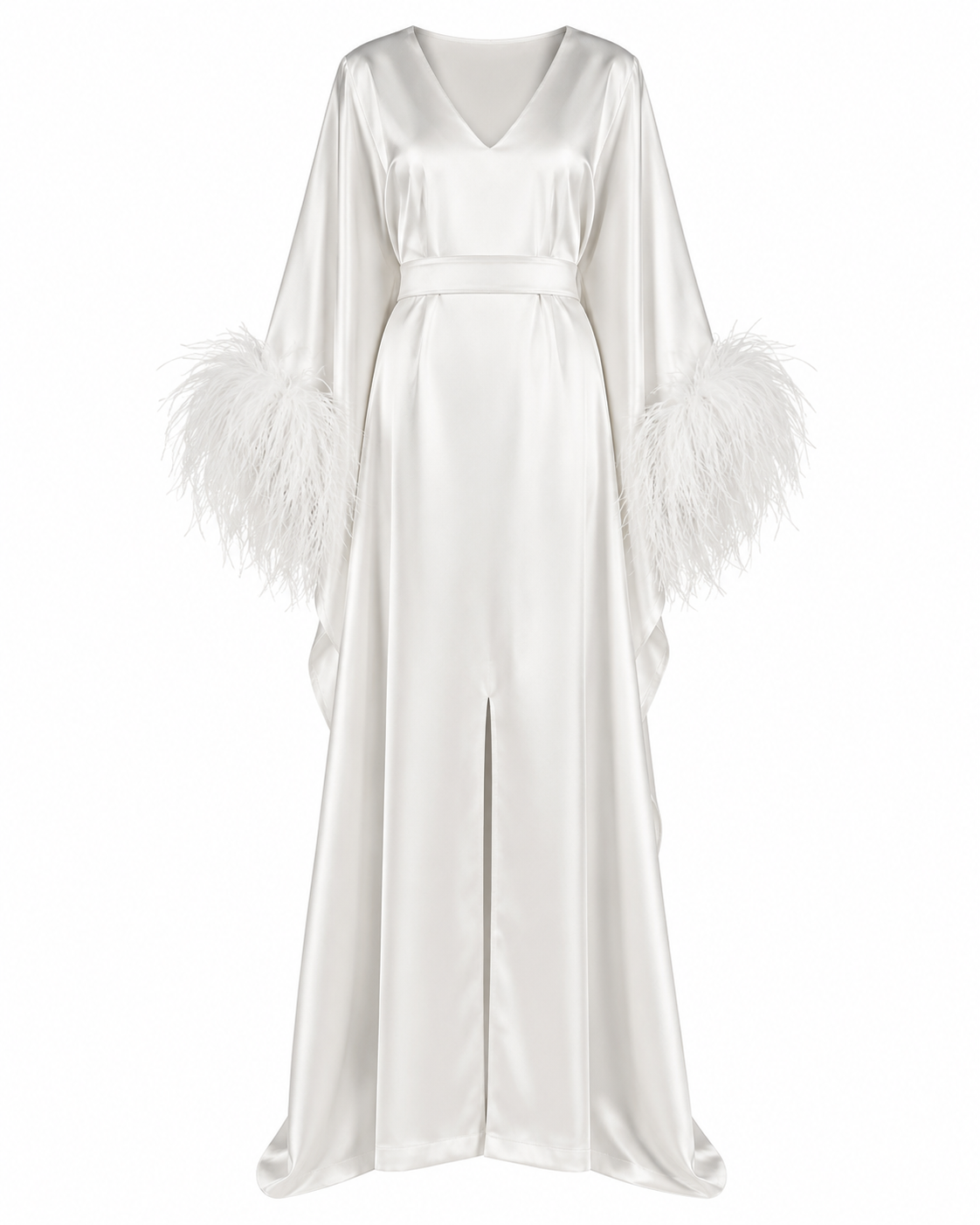 Feather-Trimmed Belted Crepe Kaftan