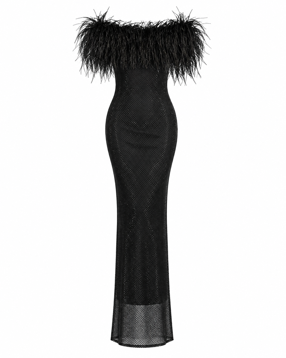Crystal Embellished Feather Off-Shoulder Maxi Dress