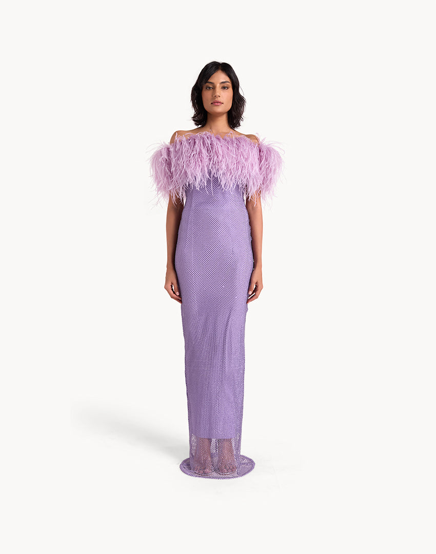 Crystal Embellished Feather Off-Shoulder Maxi Dress