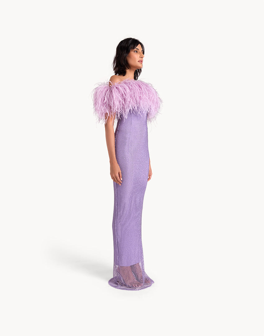 Crystal Embellished Feather Off-Shoulder Maxi Dress