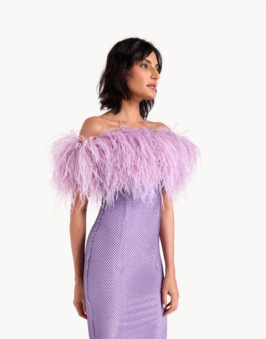Crystal Embellished Feather Off-Shoulder Maxi Dress