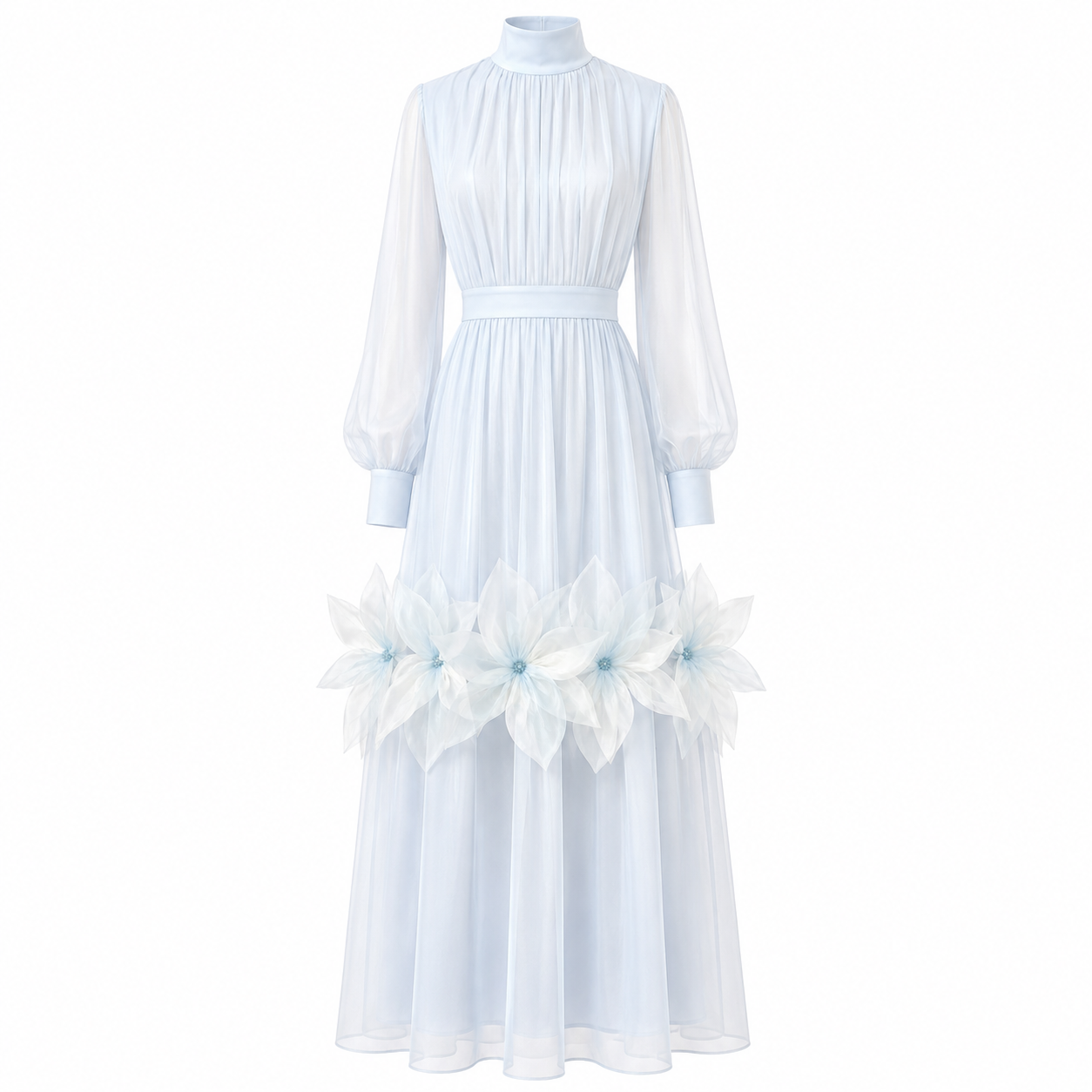 Silk Fleurs High-Neck Long-Sleeve Maxi Dress