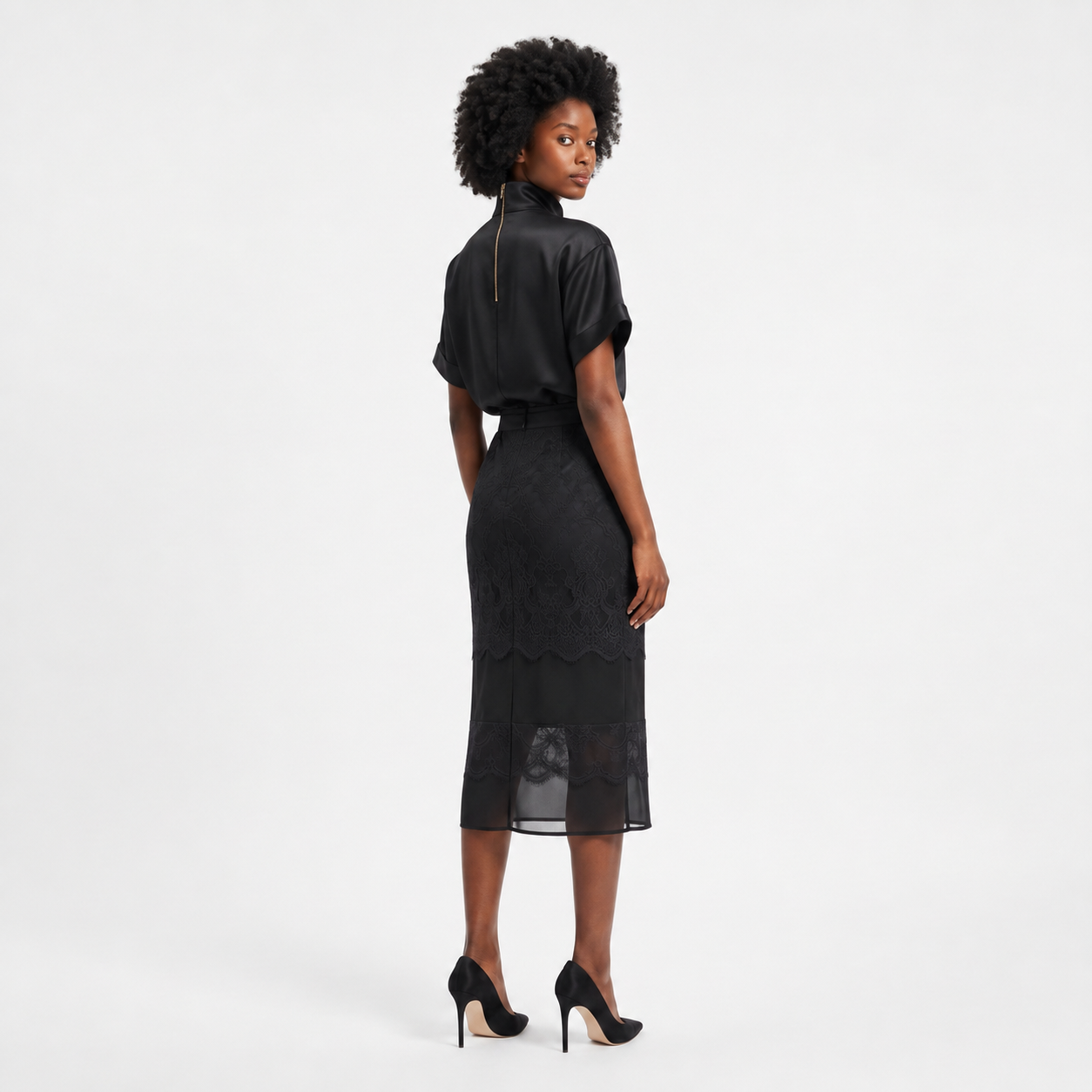 Lace Detail Silk Pencil Skirt