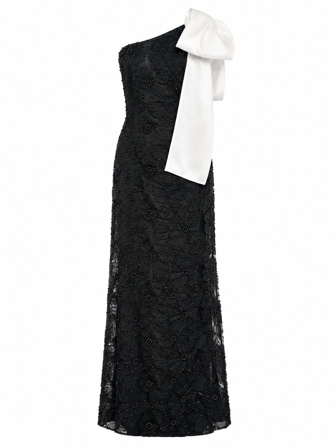 Noir Fleur Bow One-Shoulder Gown