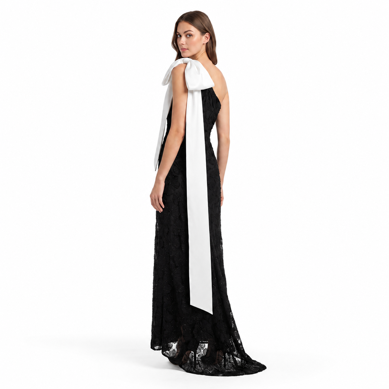 Noir Fleur Bow One-Shoulder Gown