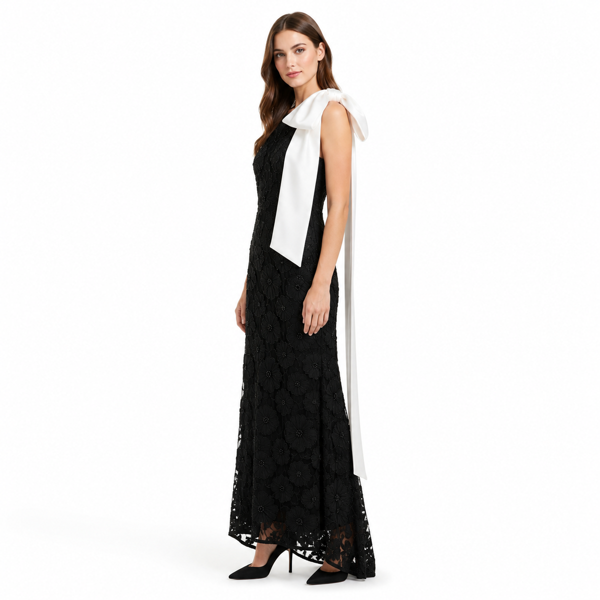 Noir Fleur Bow One-Shoulder Gown