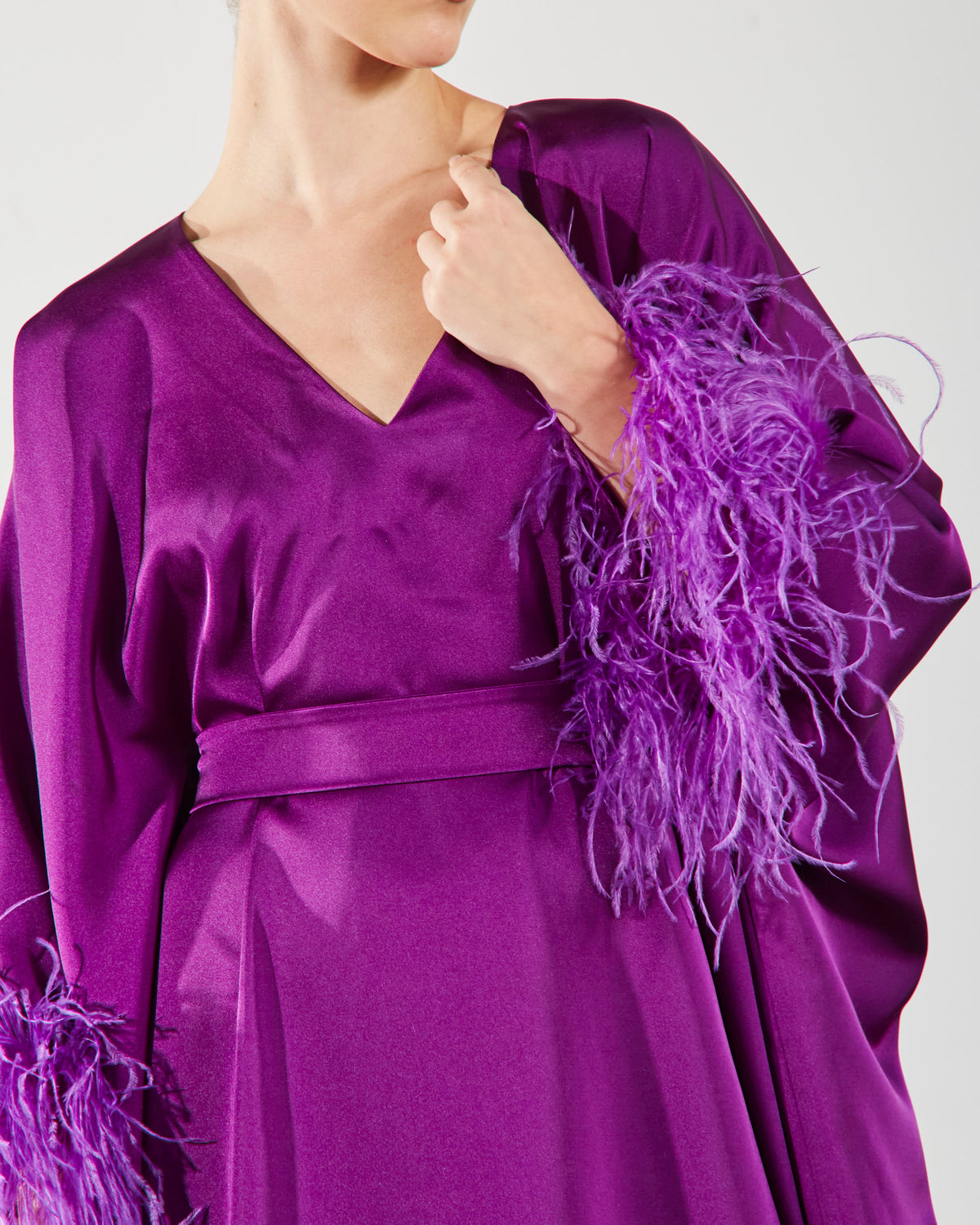 Feather-Trimmed Belted Crepe Kaftan