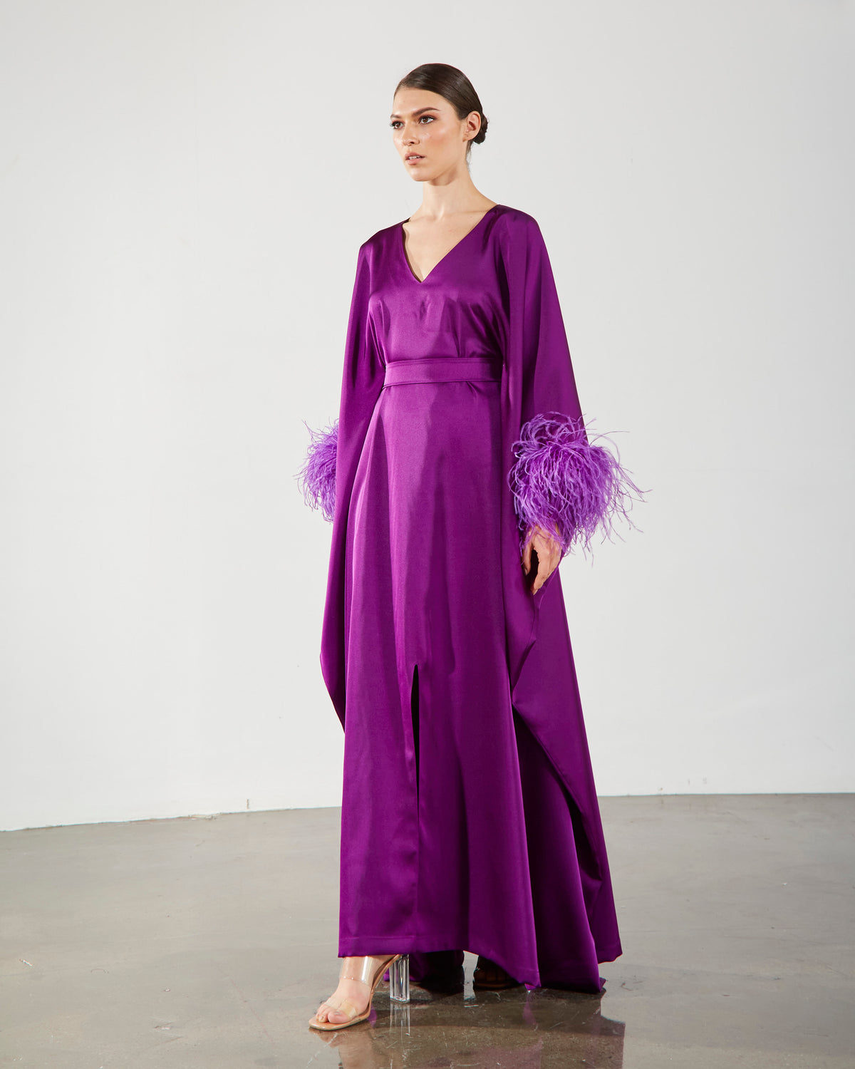 Feather-Trimmed Belted Crepe Kaftan