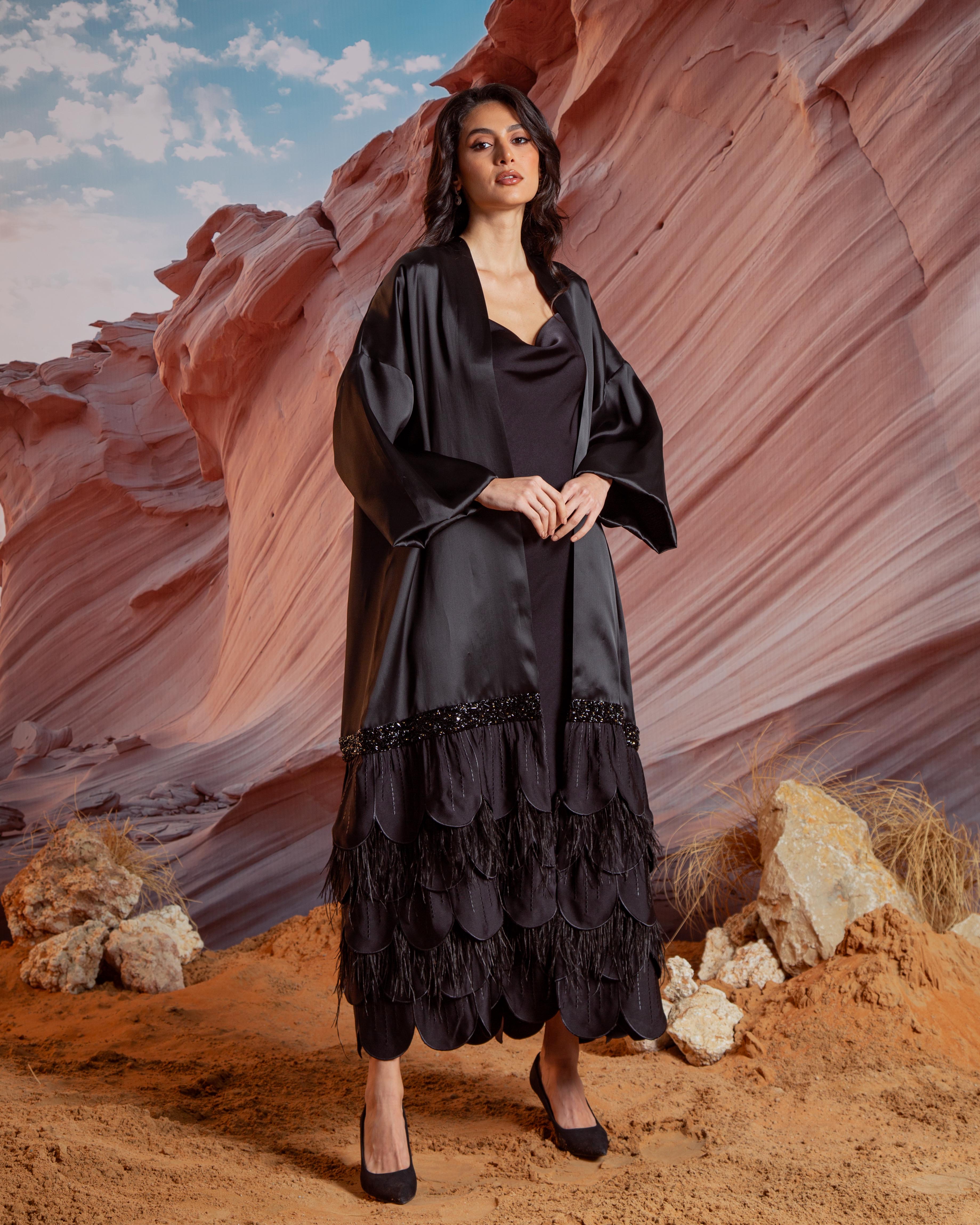 Essence Feather Detail Silk Abaya - Black