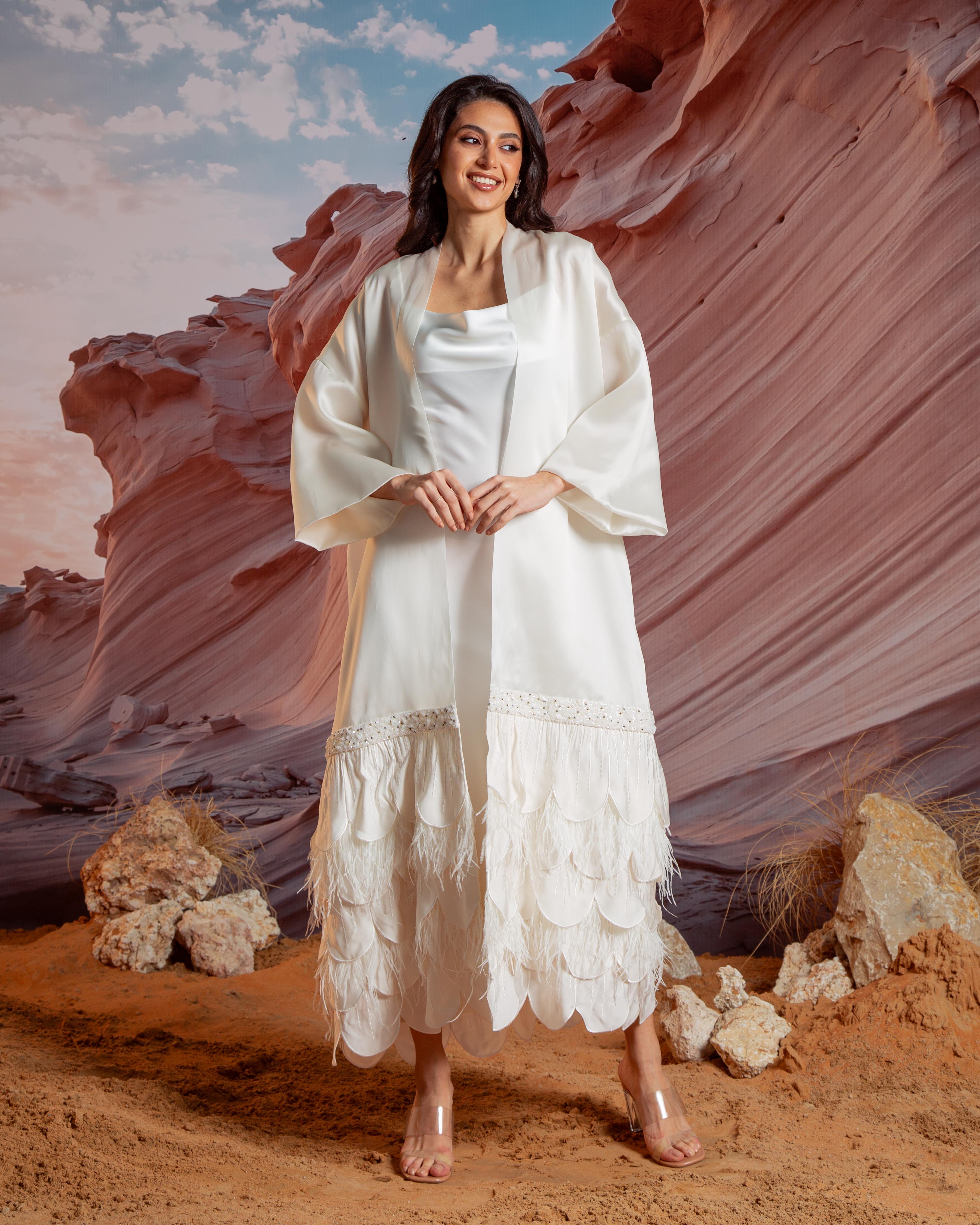 Essence Feather Detail Silk Abaya - White