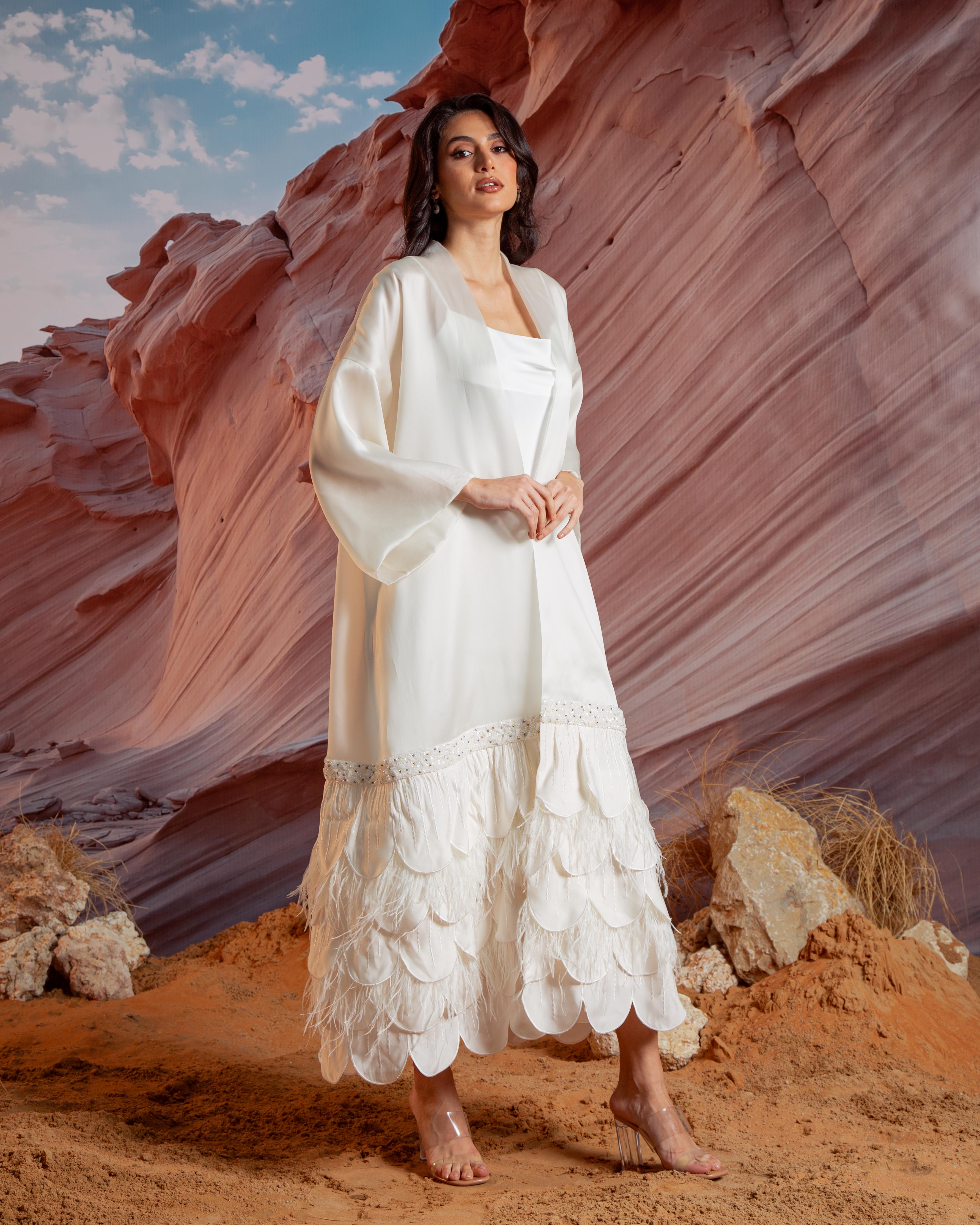 Essence Feather Detail Silk Abaya - White