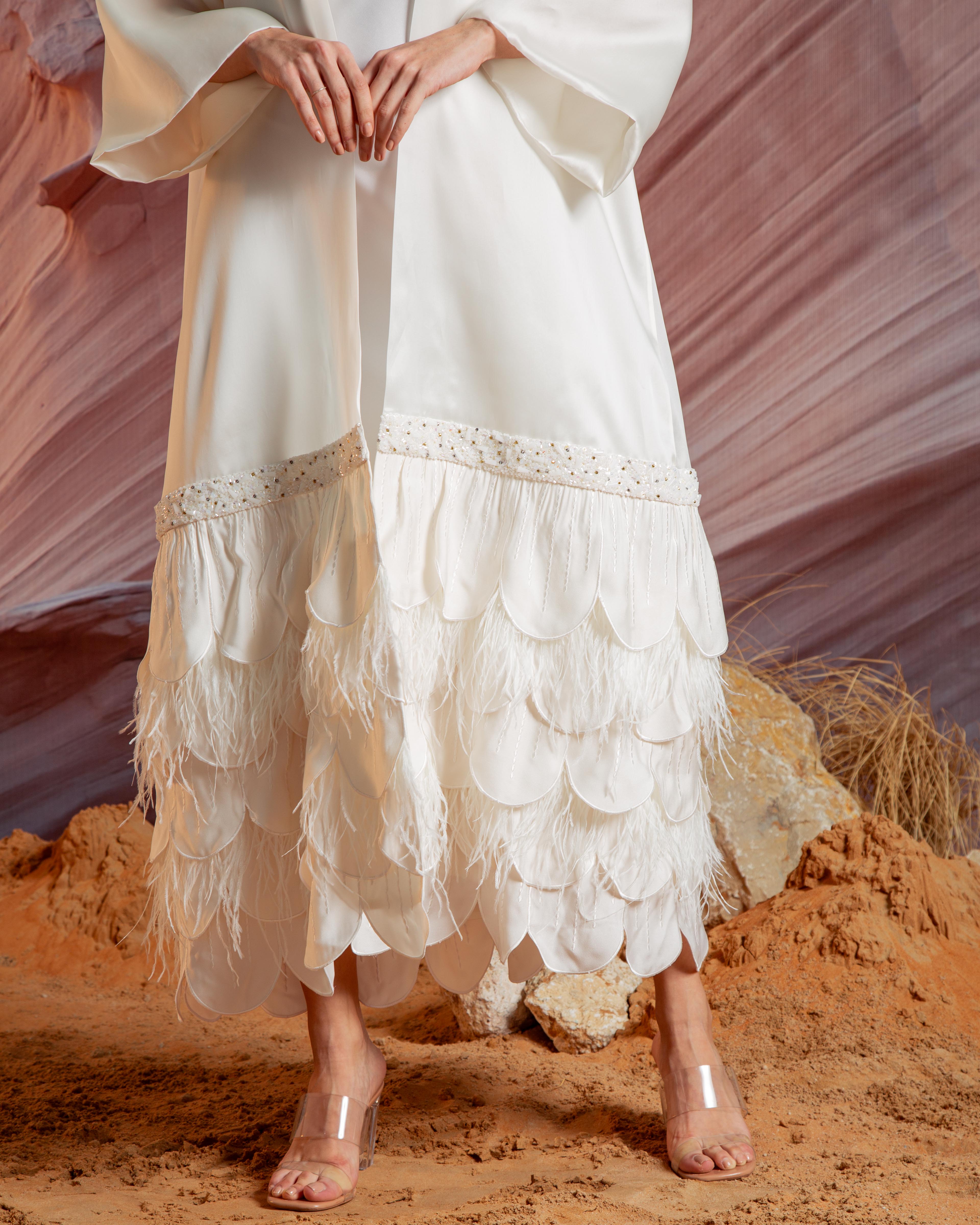 Essence Feather Detail Silk Abaya - White