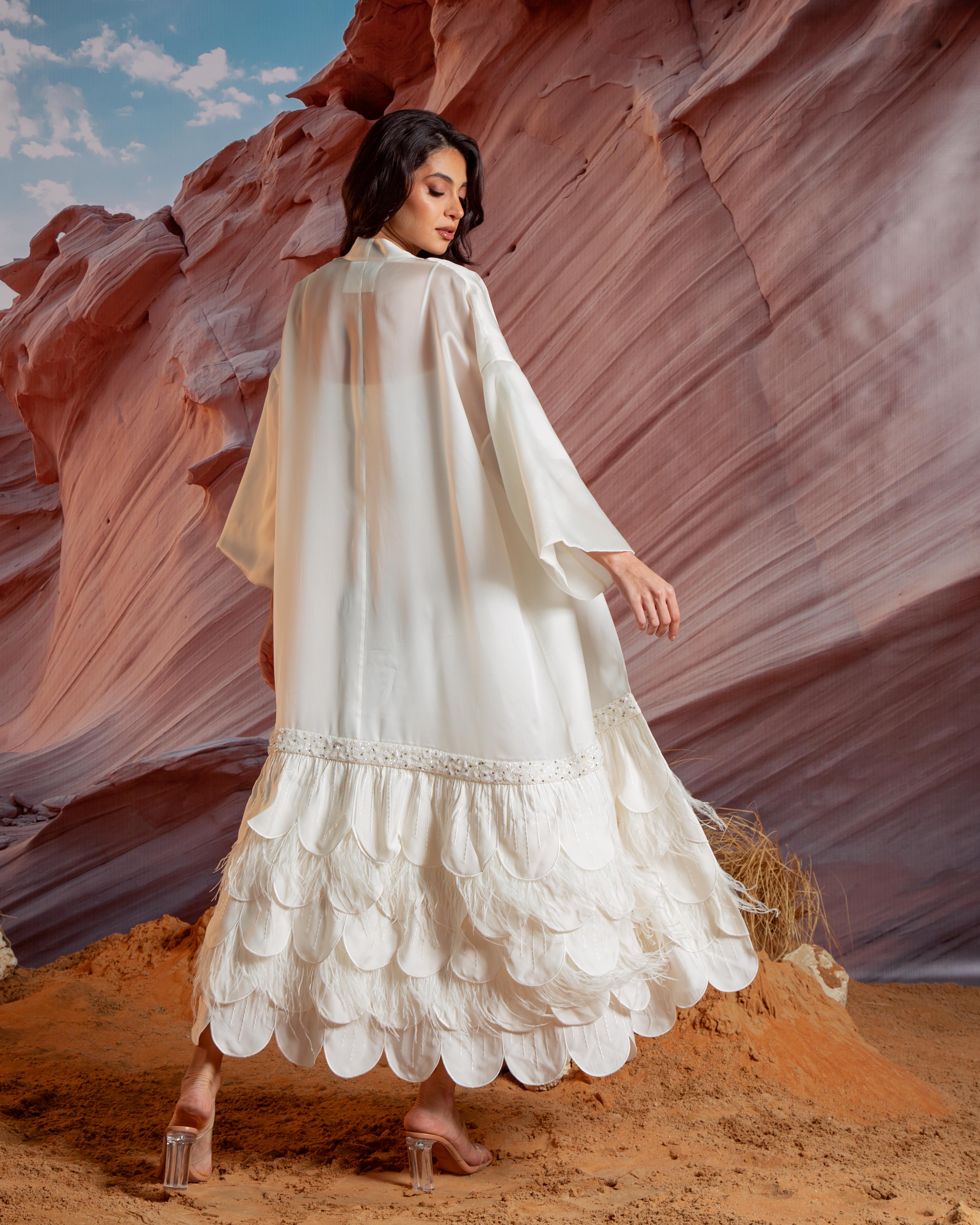 Essence Feather Detail Silk Abaya - White