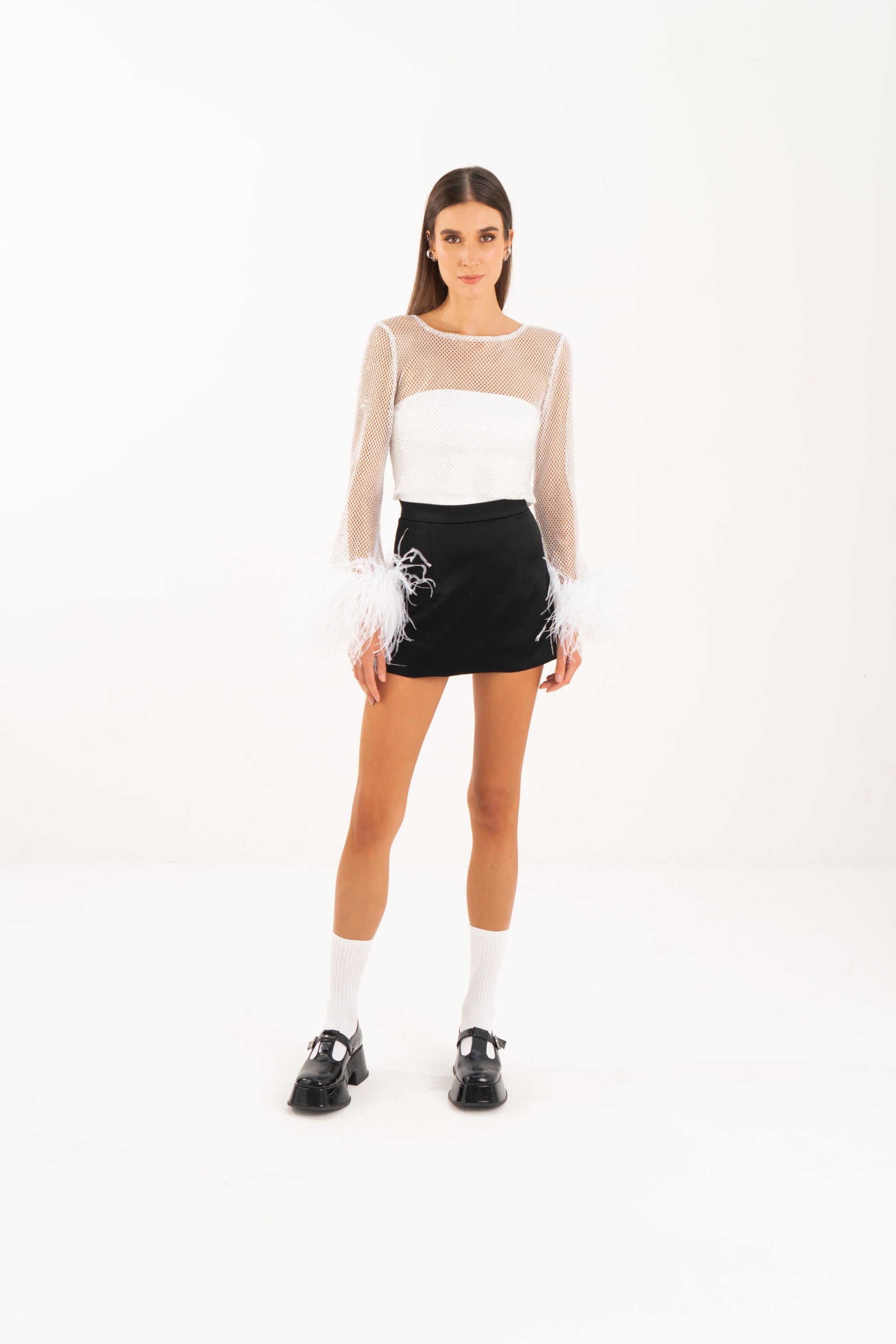 Feather-trim Crystal Embellished Crop Top