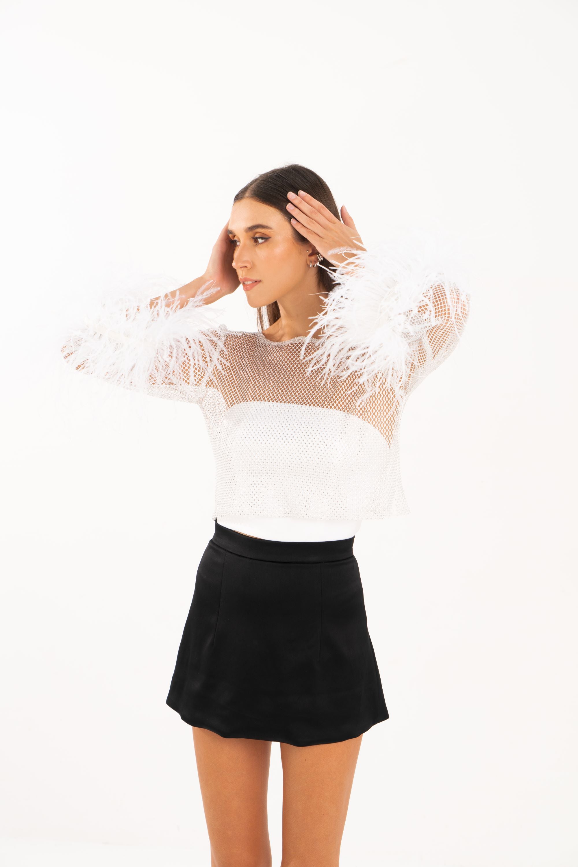 Feather-trim Crystal Embellished Crop Top