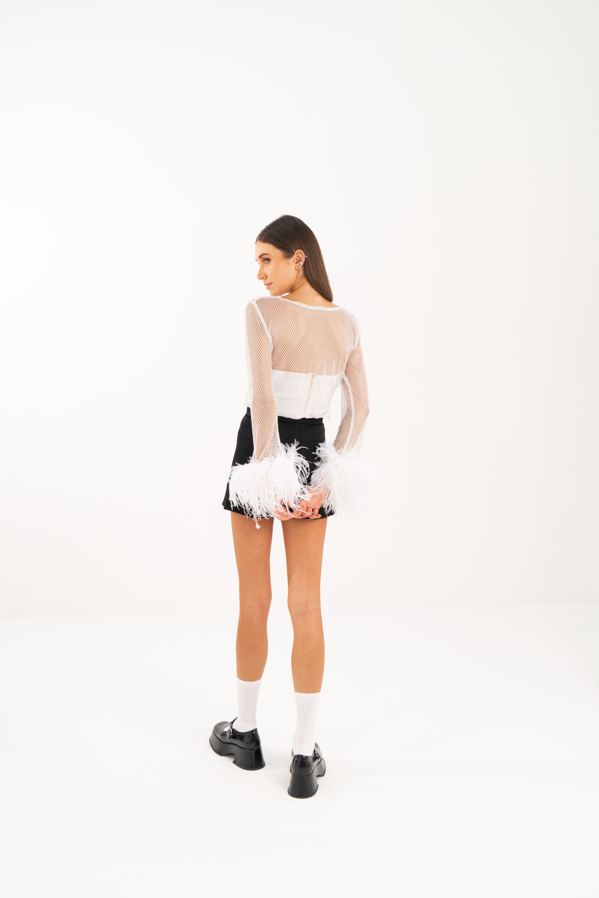 Feather-trim Crystal Embellished Crop Top