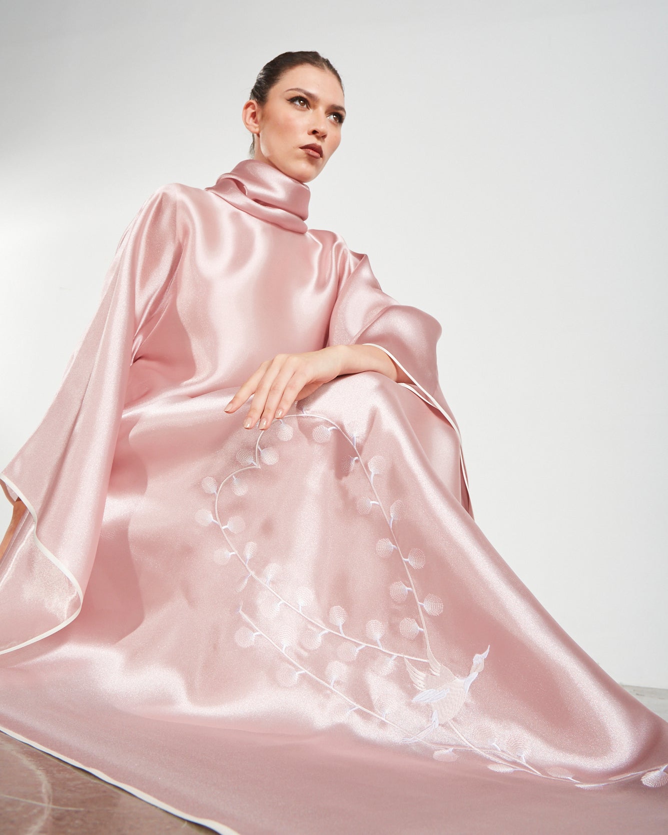 Embroidered Organdy High-Neck Kaftan Abaya