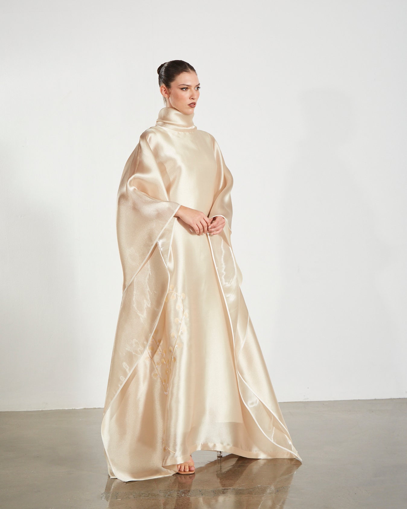 Embroidered Organdy High-Neck Kaftan Abaya