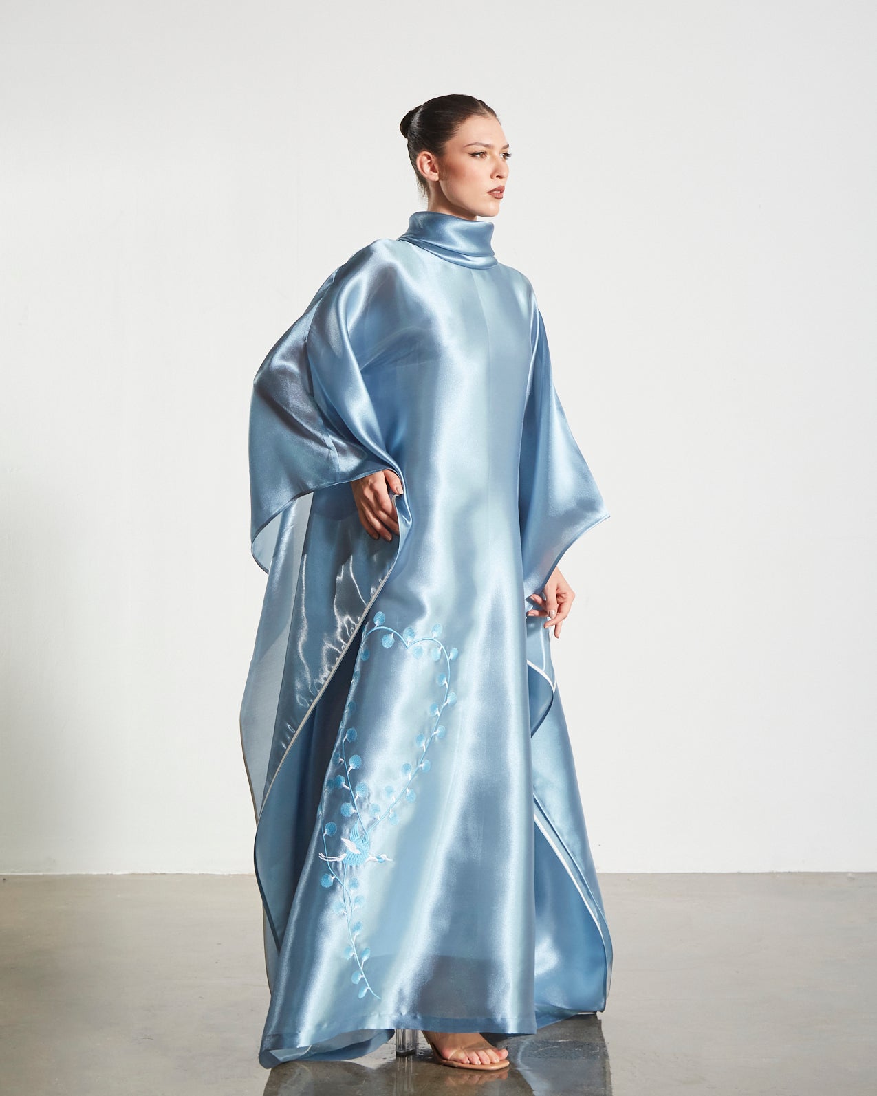 Embroidered Organdy High-Neck Kaftan Abaya