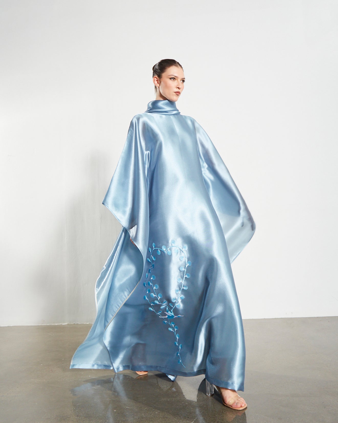 Embroidered Organdy High-Neck Kaftan Abaya