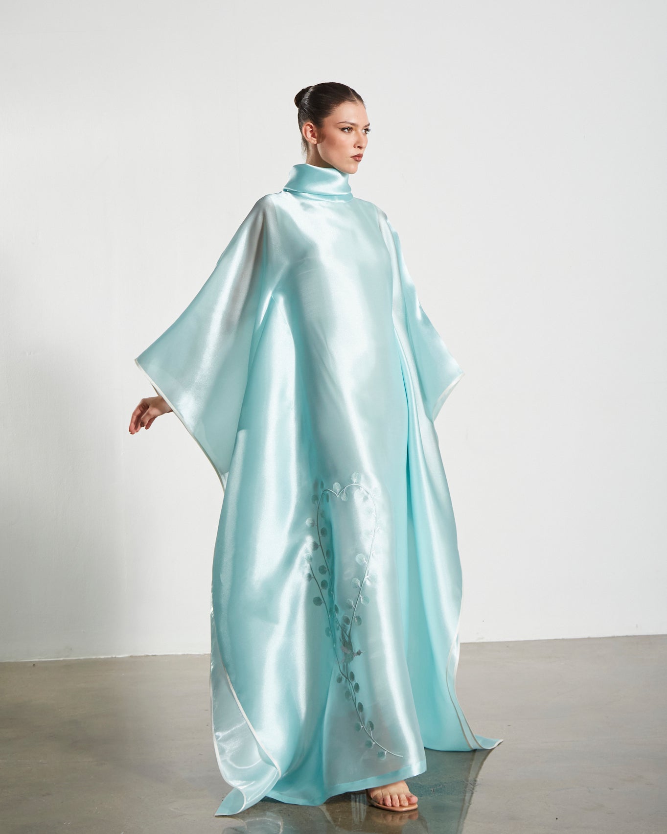 Embroidered Organdy High-Neck Kaftan Abaya