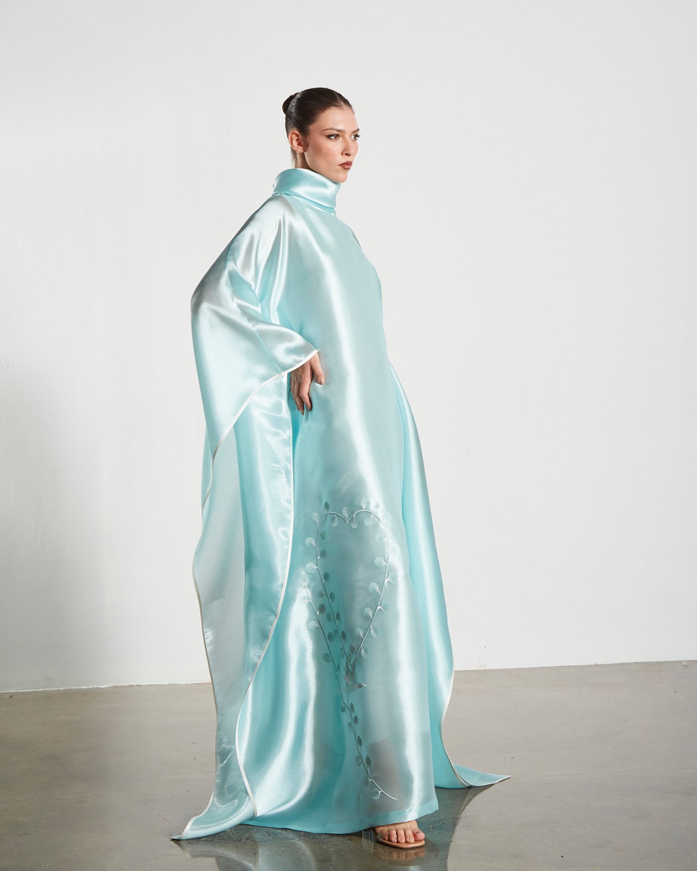 Embroidered Organdy High-Neck Kaftan Abaya