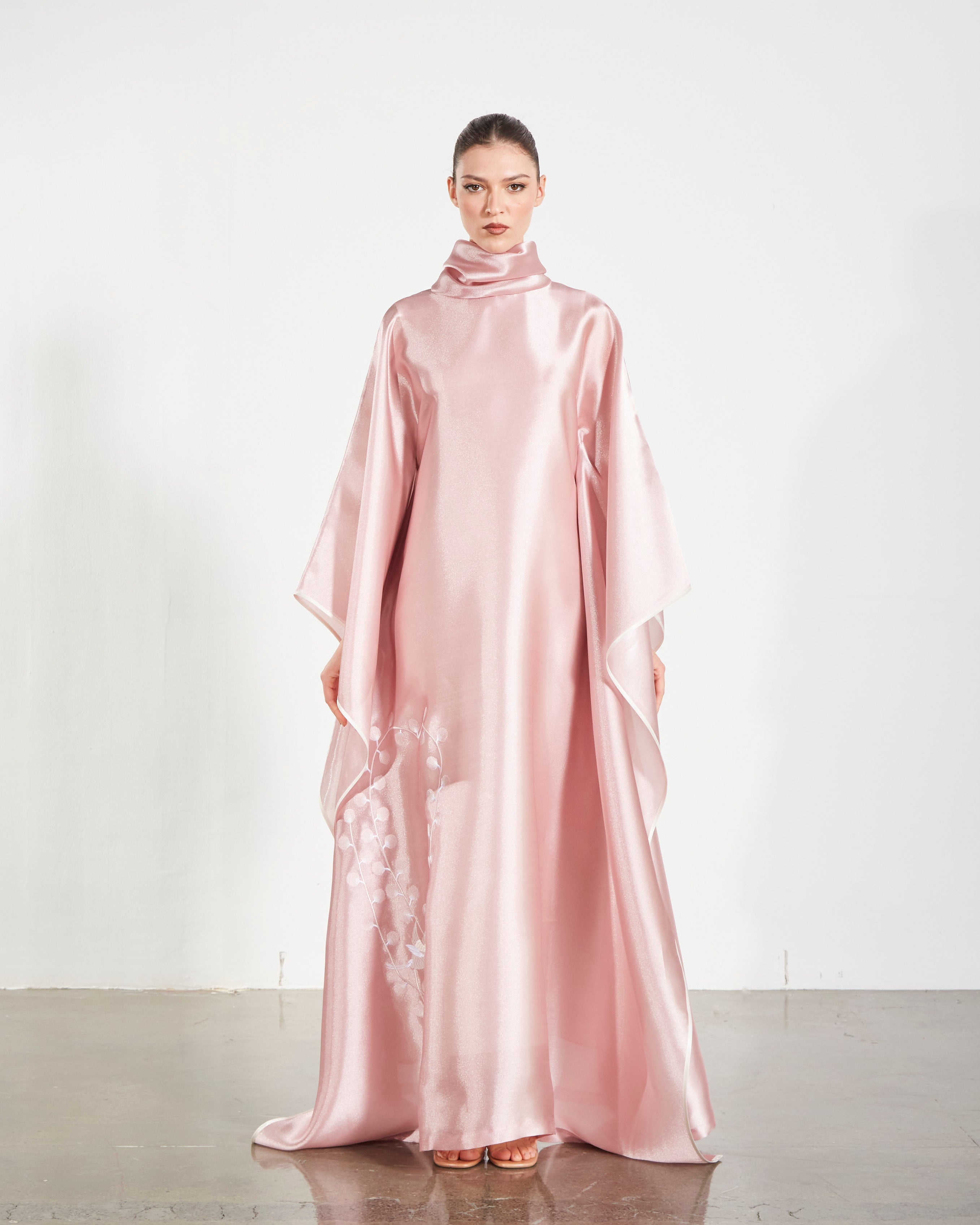 Embroidered Organdy High-Neck Kaftan Abaya