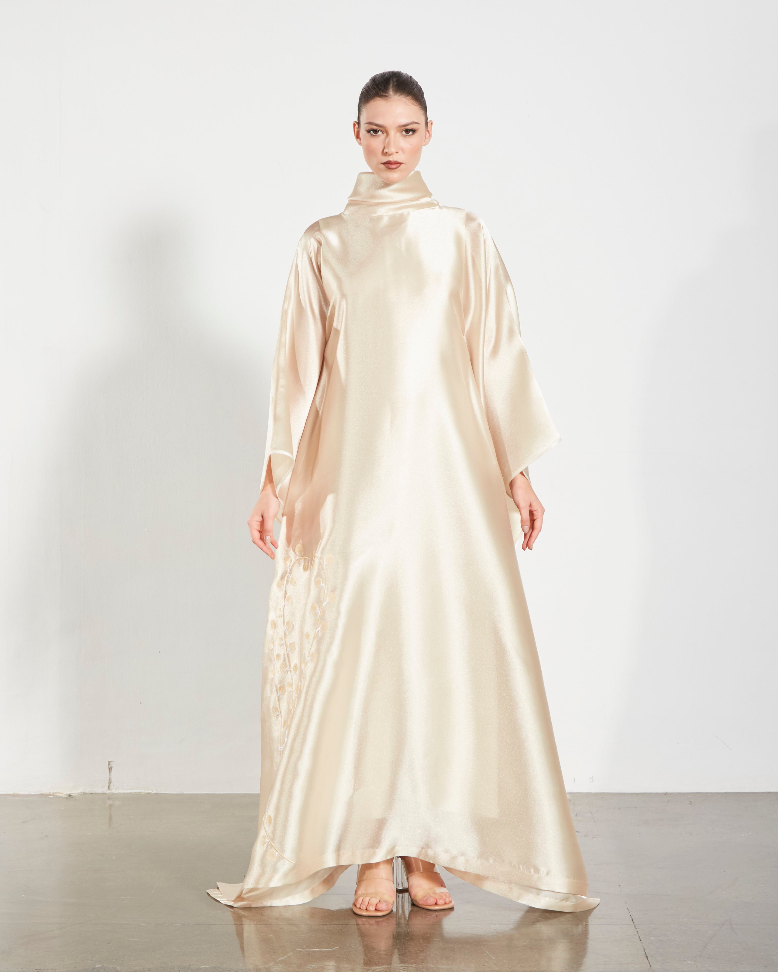 Embroidered Organdy High-Neck Kaftan Abaya