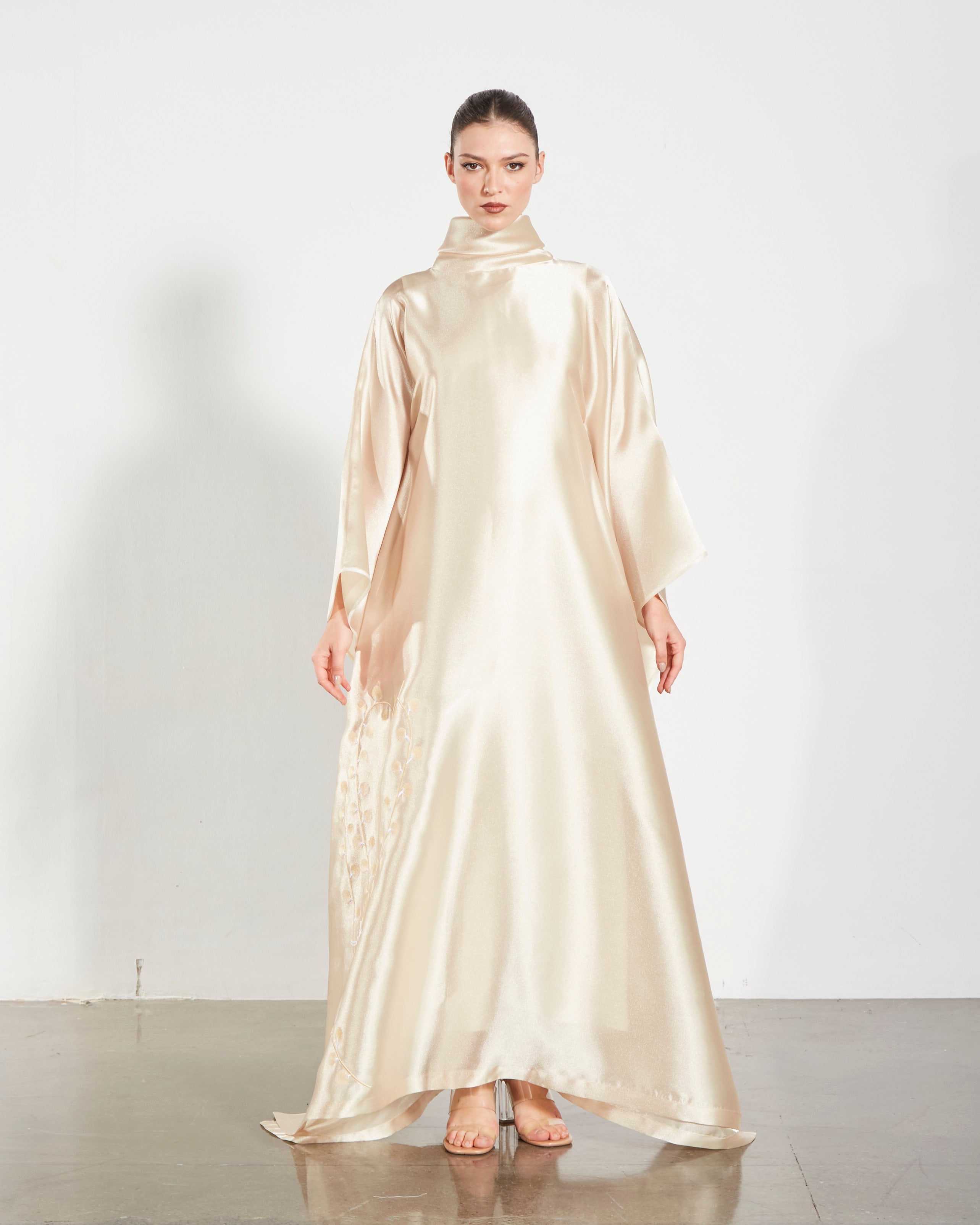 Embroidered Organdy High-Neck Kaftan Abaya