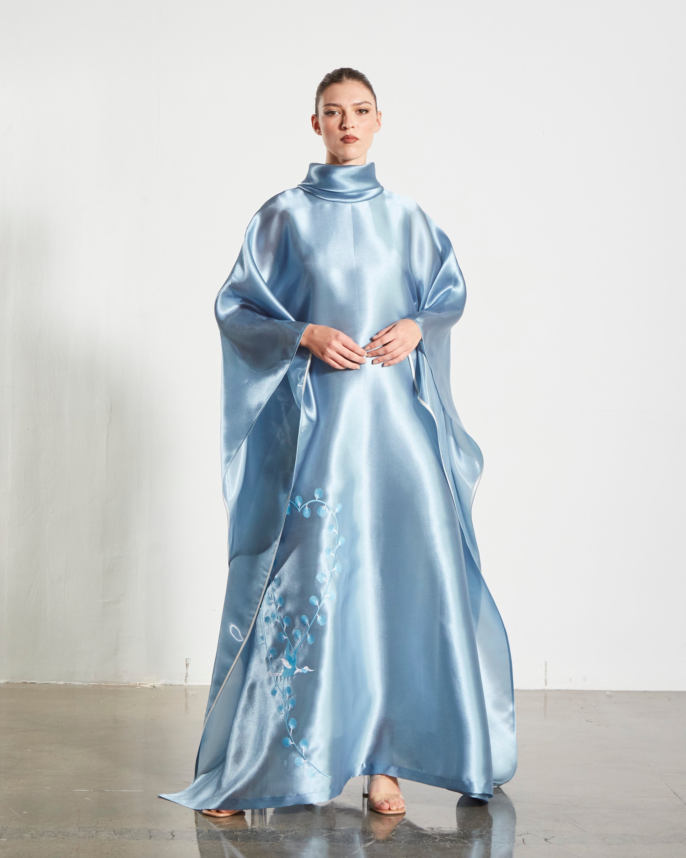 Embroidered Organdy High-Neck Kaftan Abaya