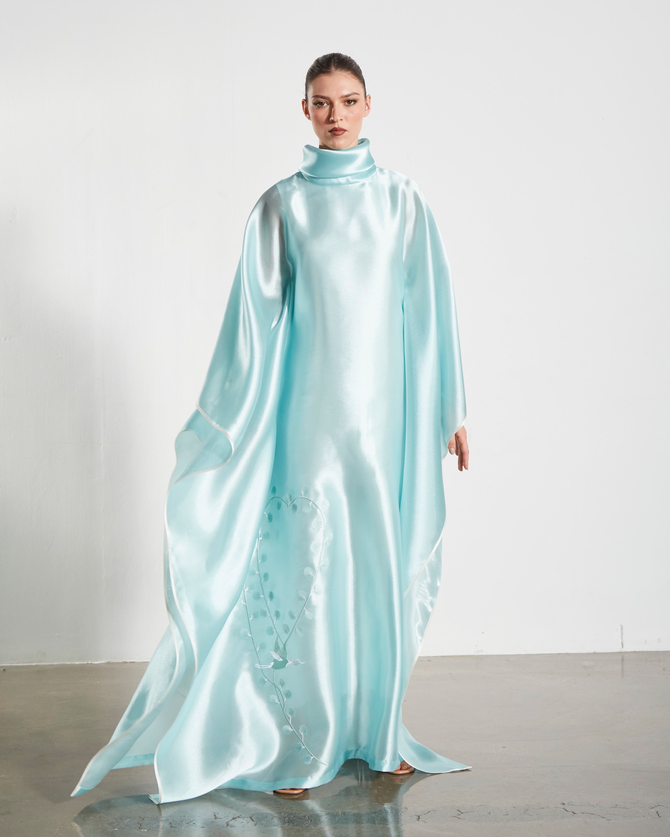 Embroidered Organdy High-Neck Kaftan Abaya