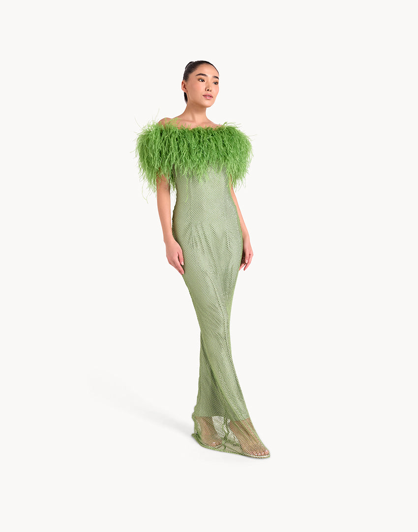 Crystal Embellished Feather Off-Shoulder Maxi Dress