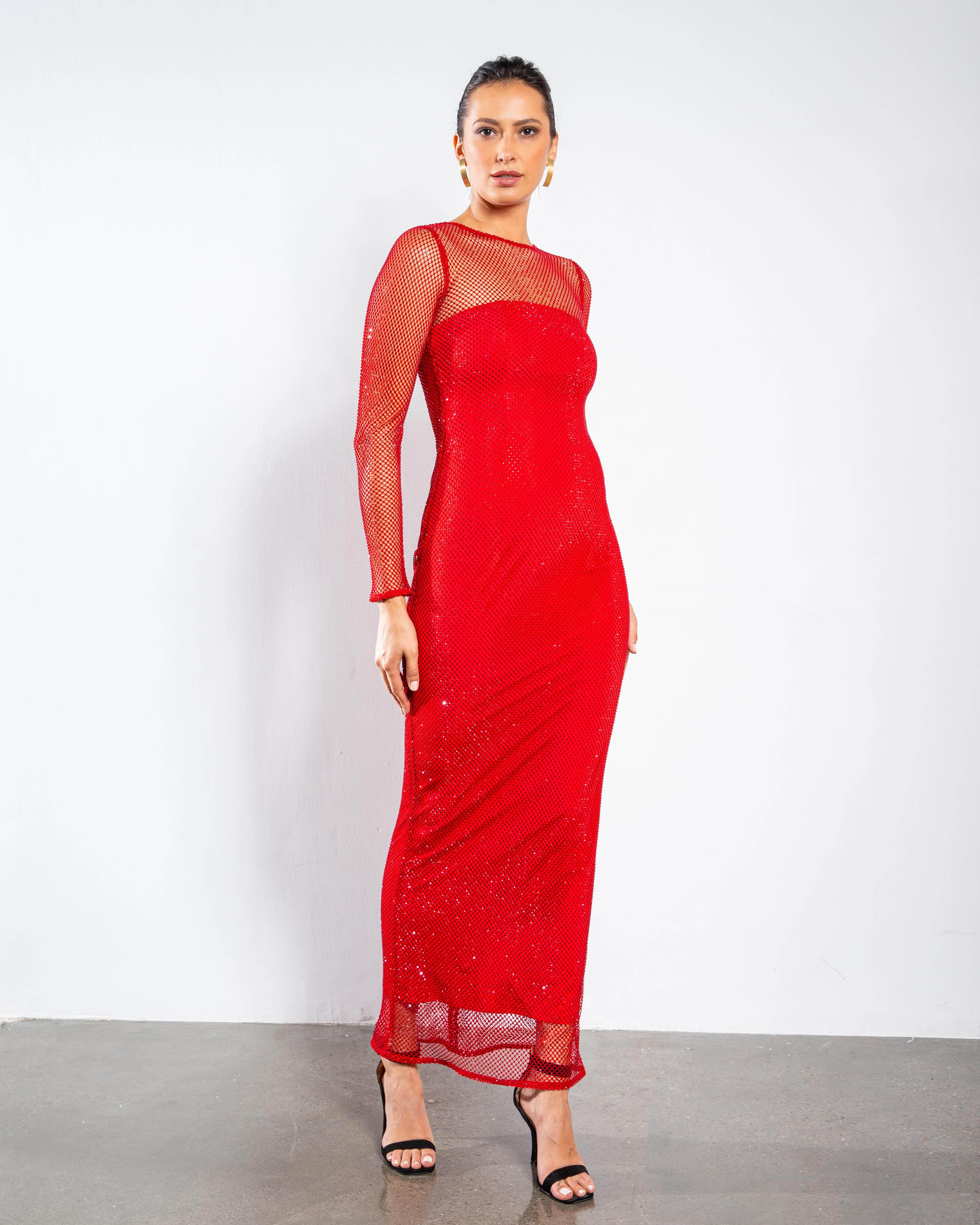 Crystal Embellished Long Sleeved Maxi Dress