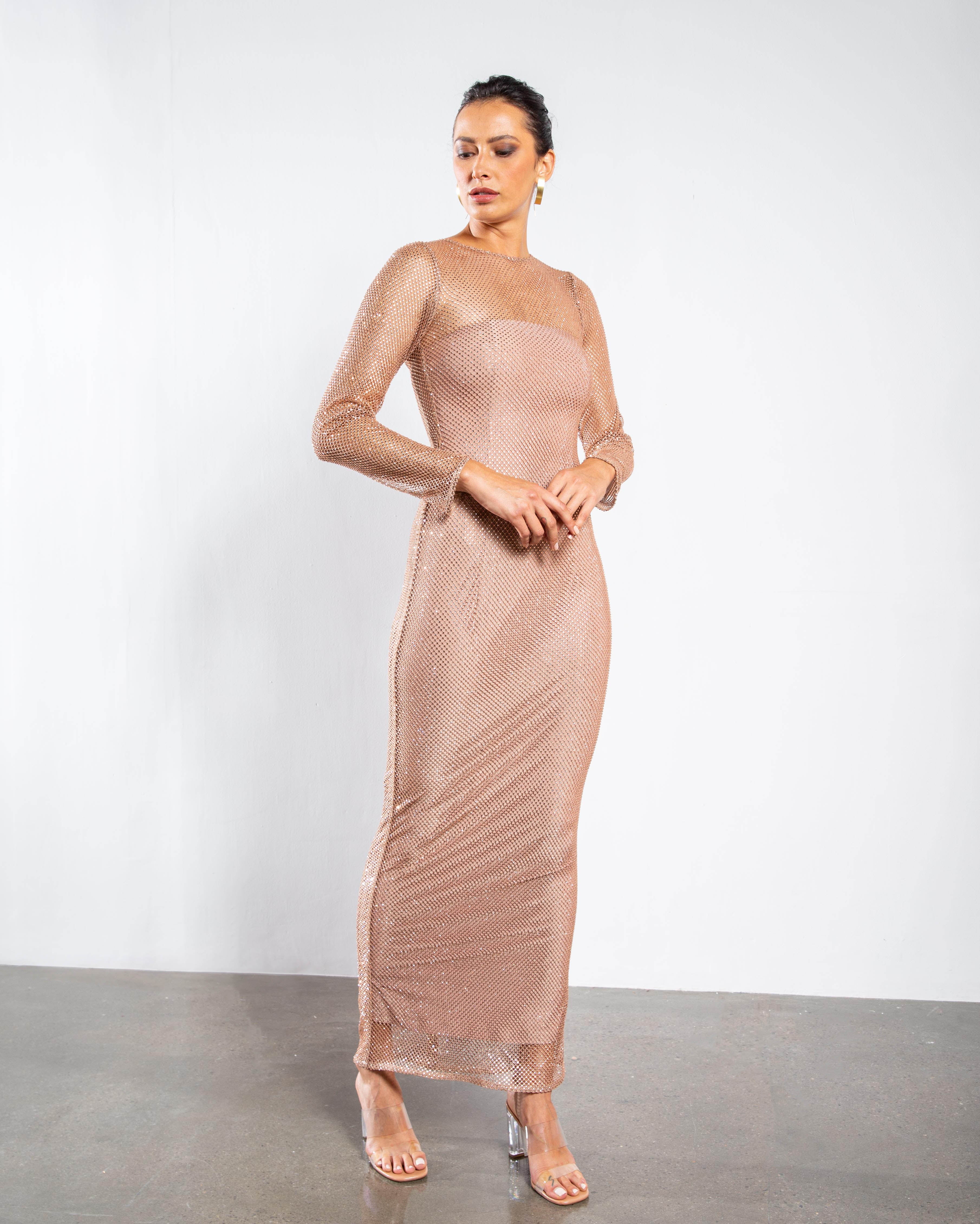 Crystal Embellished Long-Sleeved Maxi Dress - Light