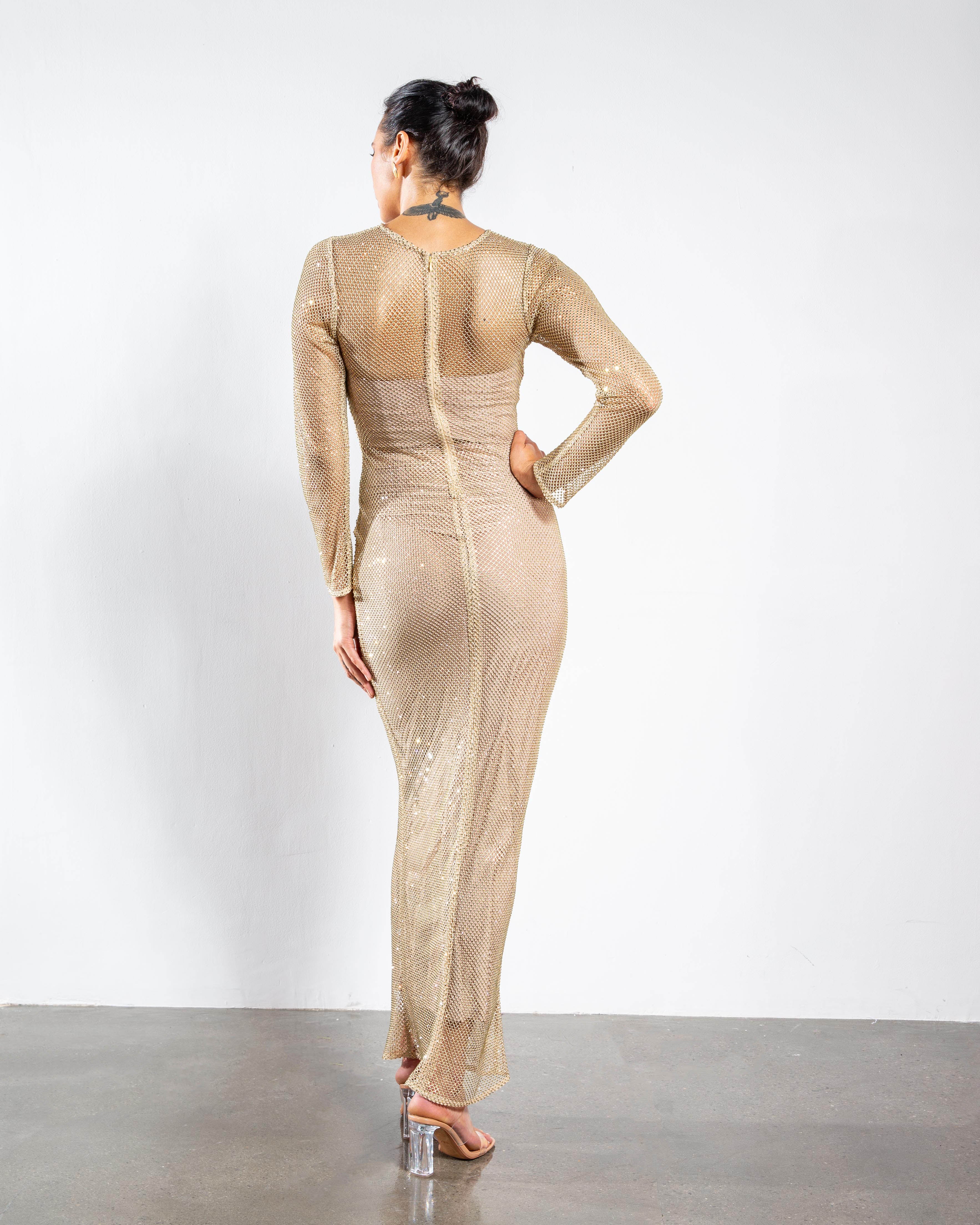 Crystal Embellished Long-Sleeved Maxi Dress - Light