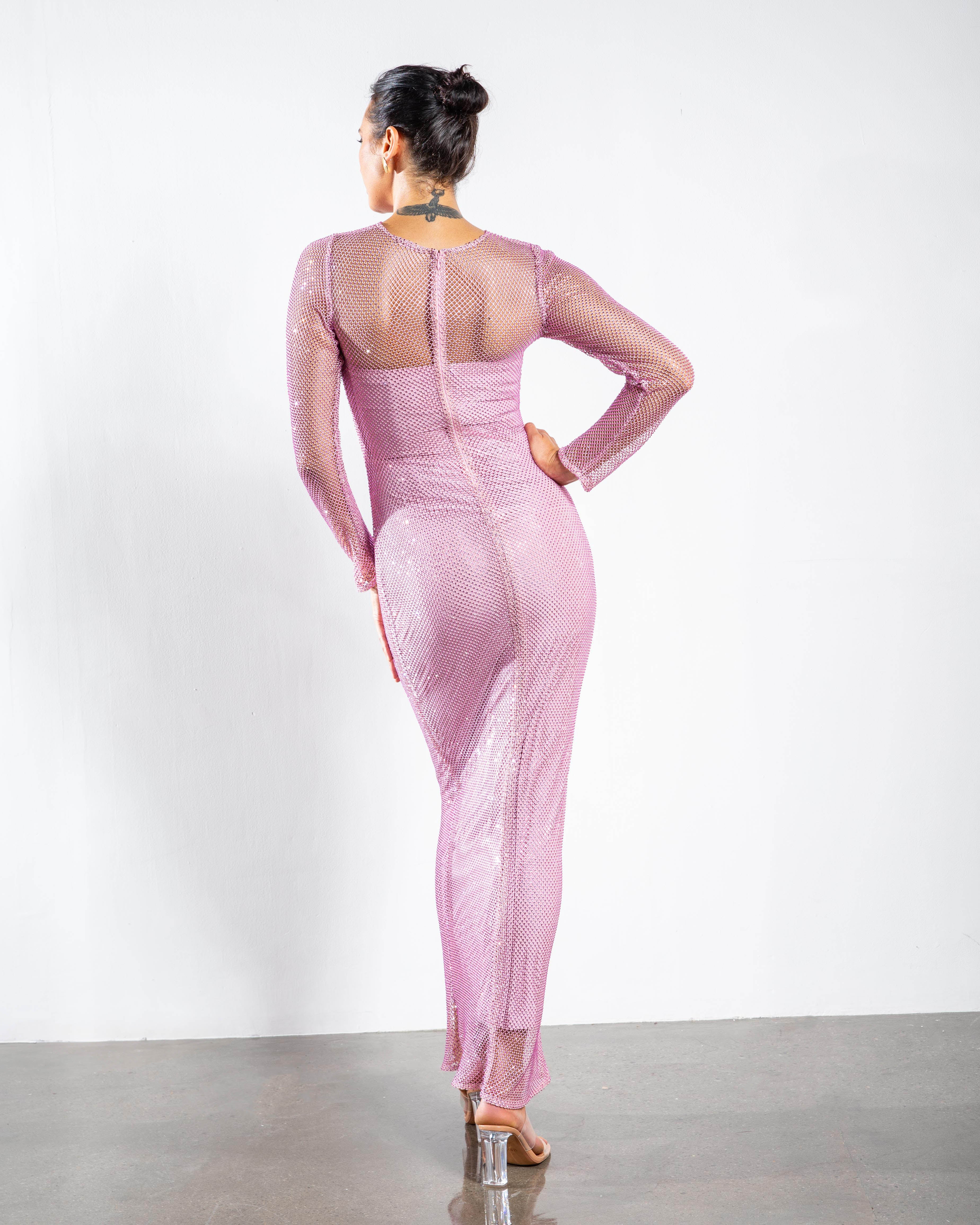 Crystal Embellished Long-Sleeved Maxi Dress - Light