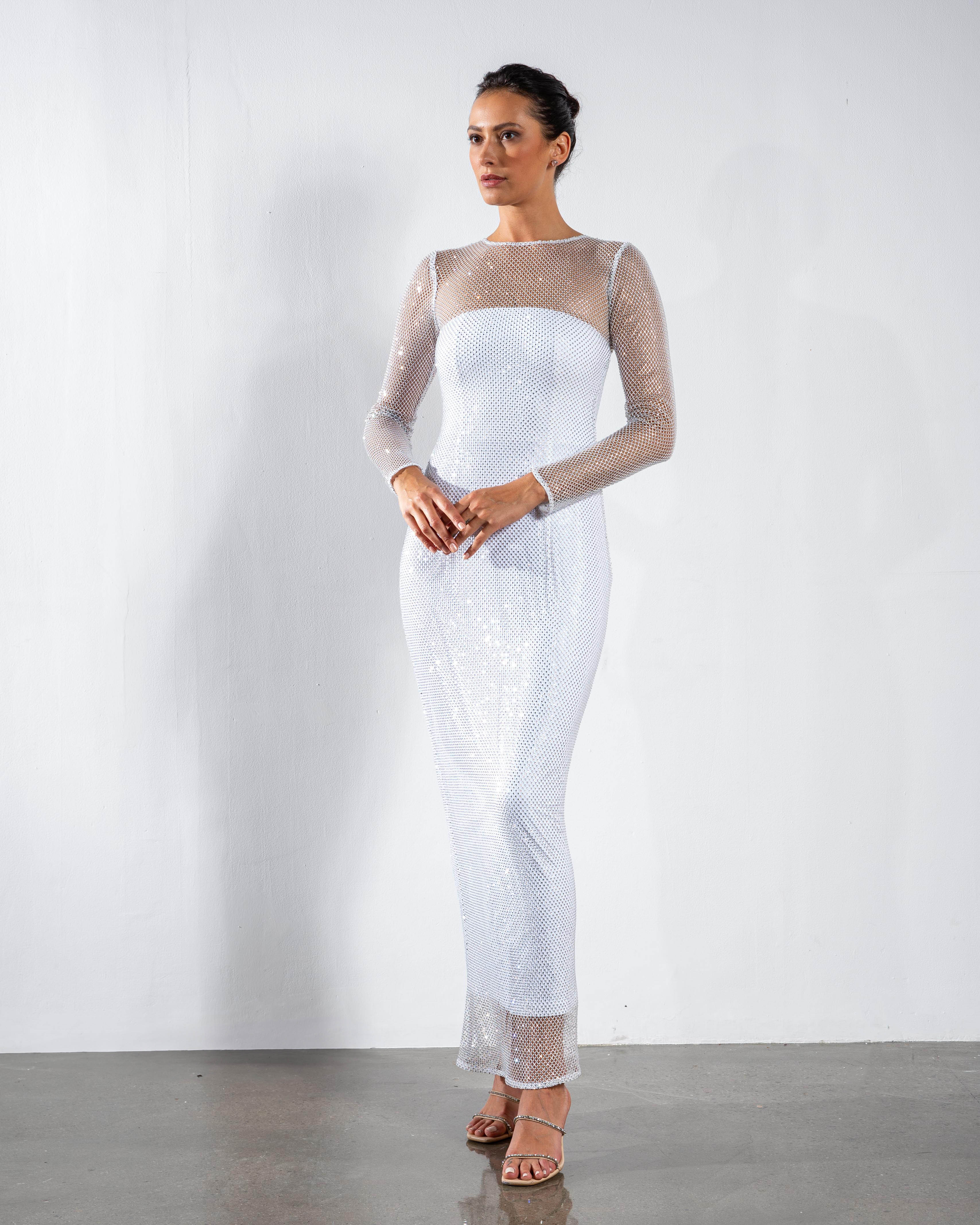 Crystal Embellished Long-Sleeved Maxi Dress - Light