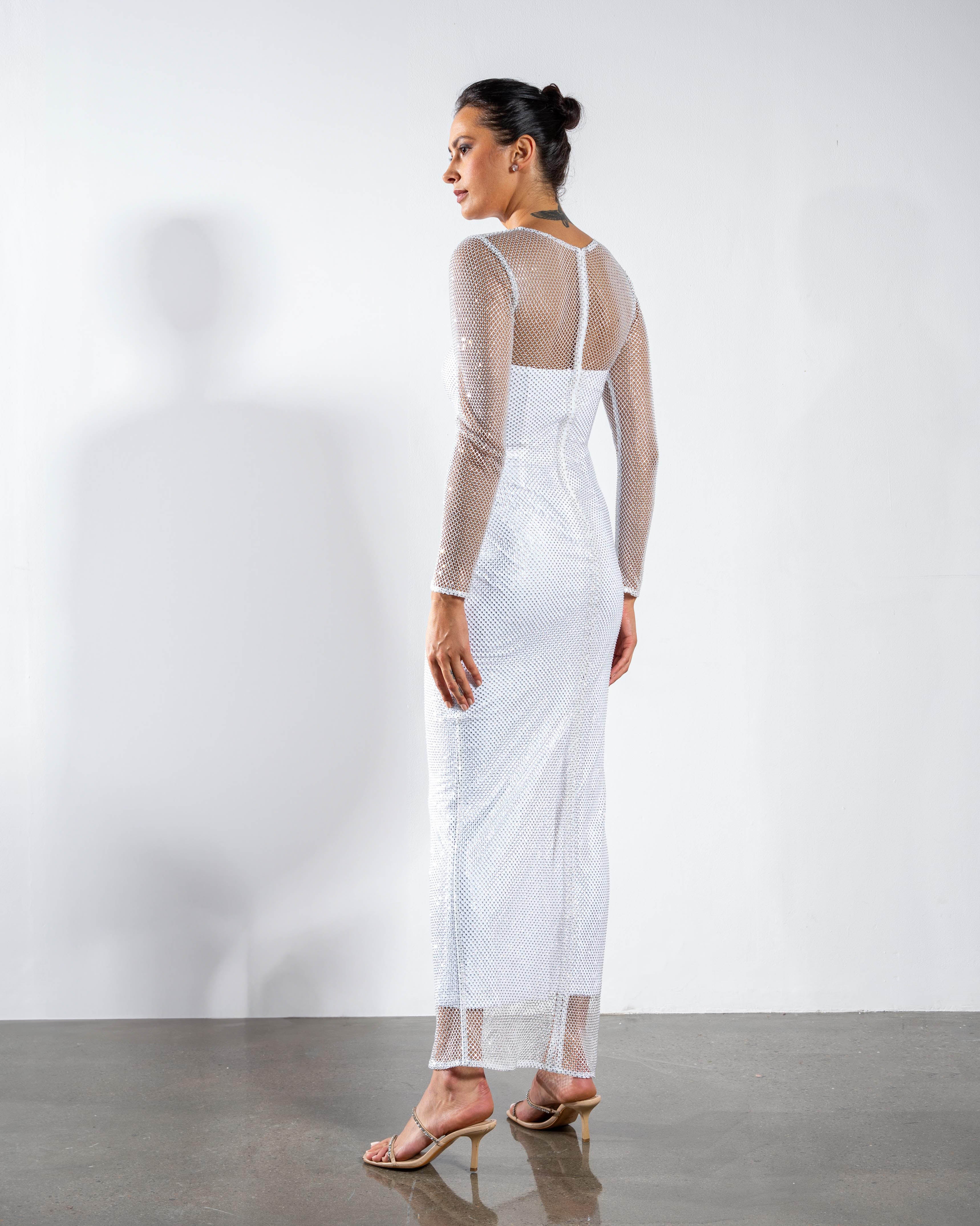 Crystal Embellished Long-Sleeved Maxi Dress - Light