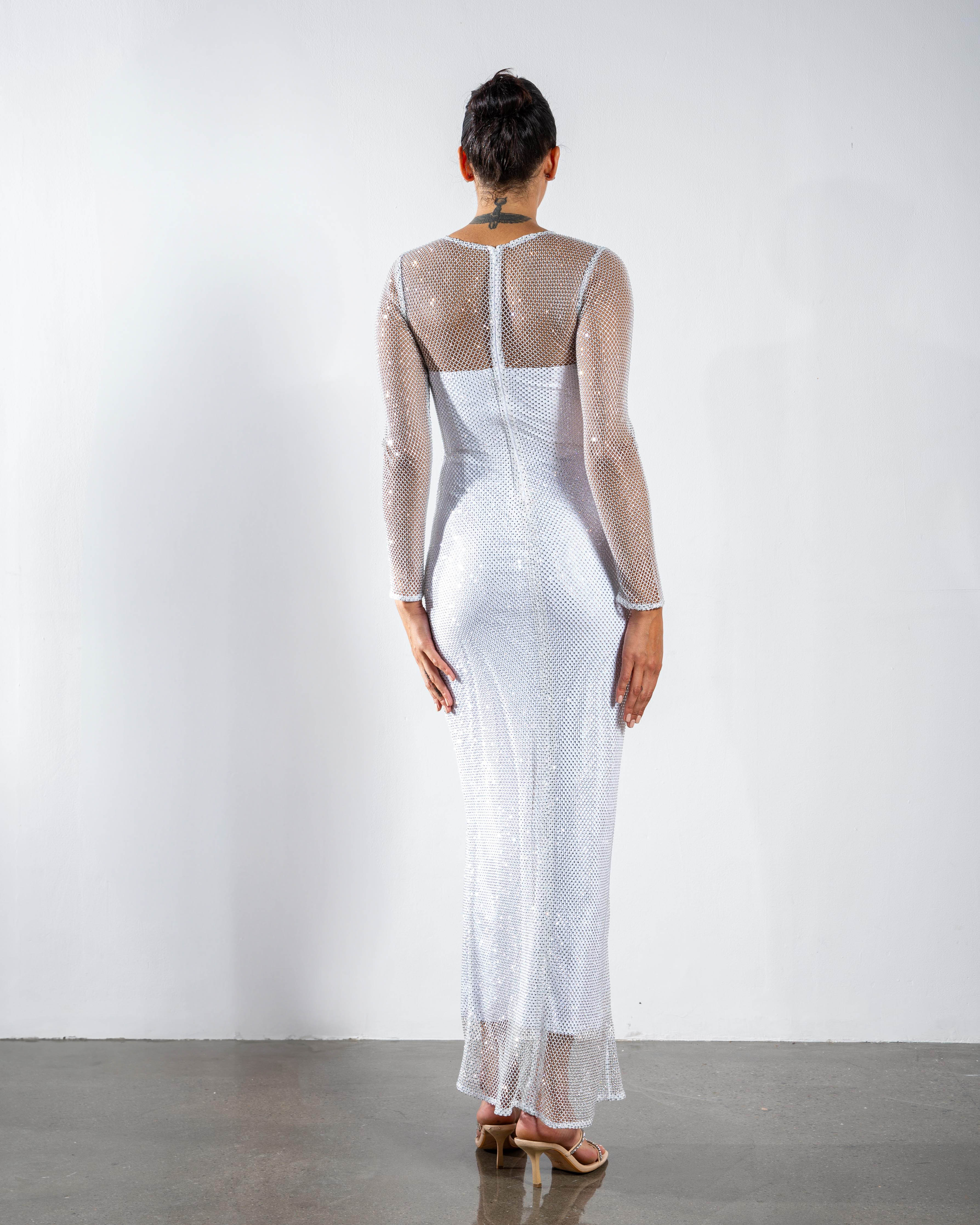 Crystal Embellished Long-Sleeved Maxi Dress - Light