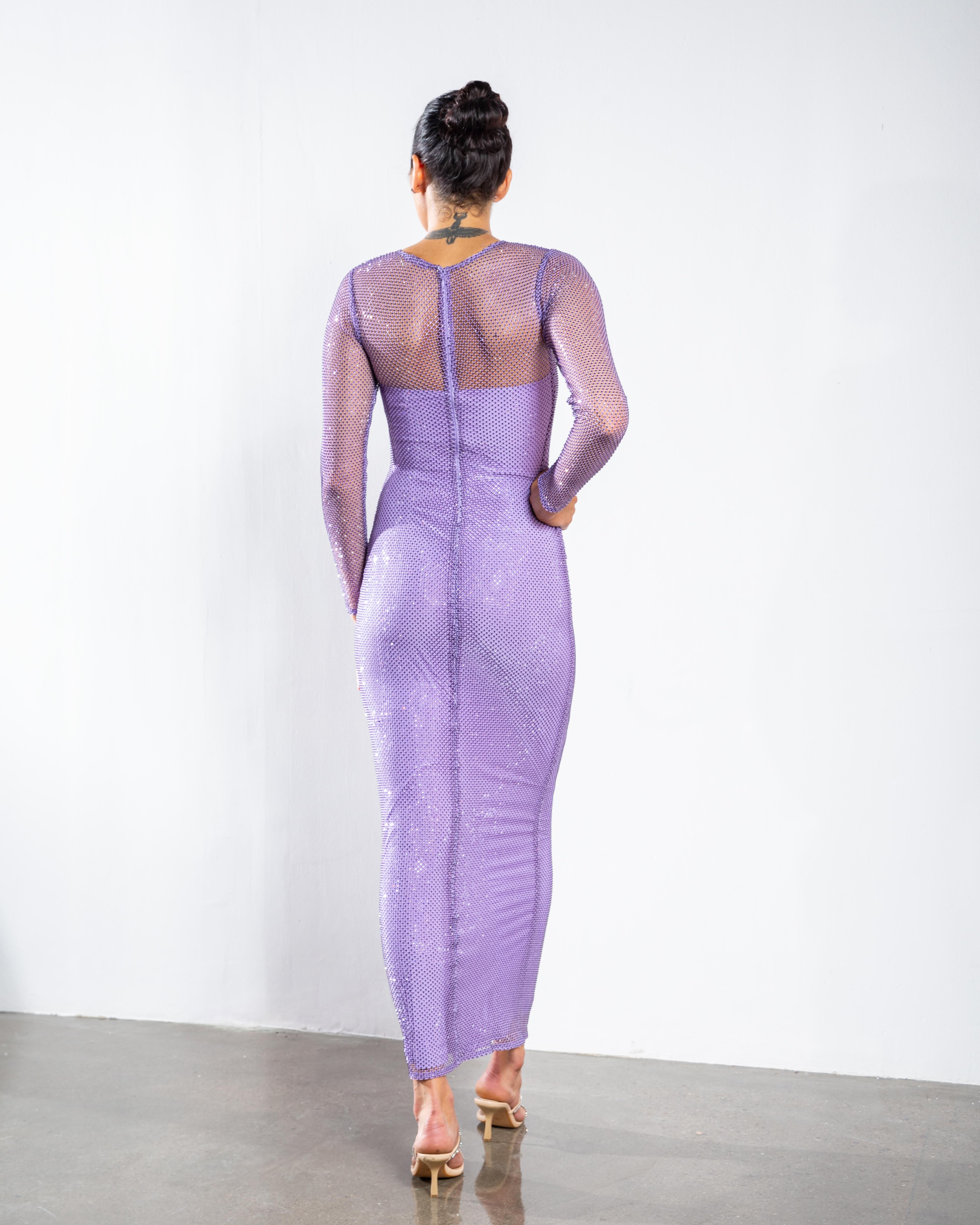 Crystal Embellished Long-Sleeved Maxi Dress - Light