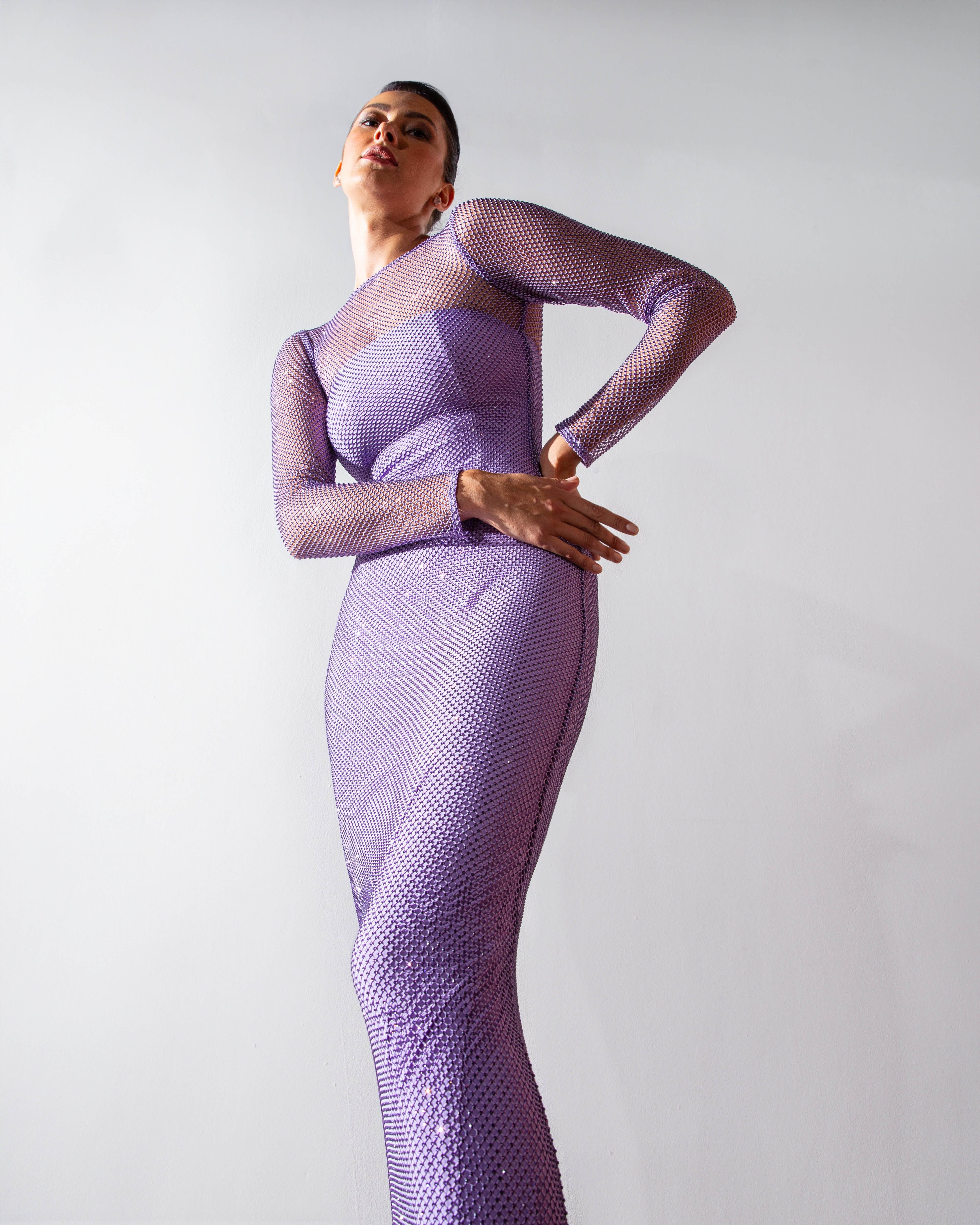 Crystal Embellished Long-Sleeved Maxi Dress - Light