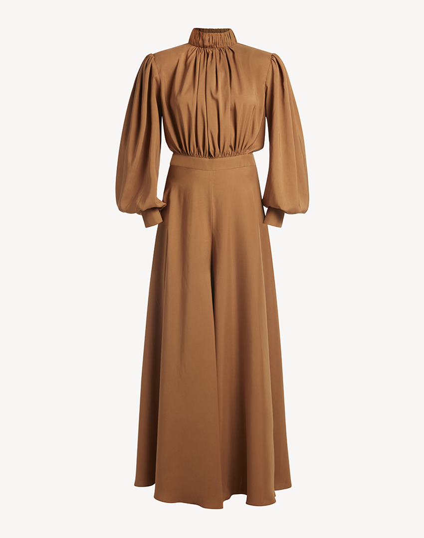 Satin Matte High Pleated Neck Jumpsuit