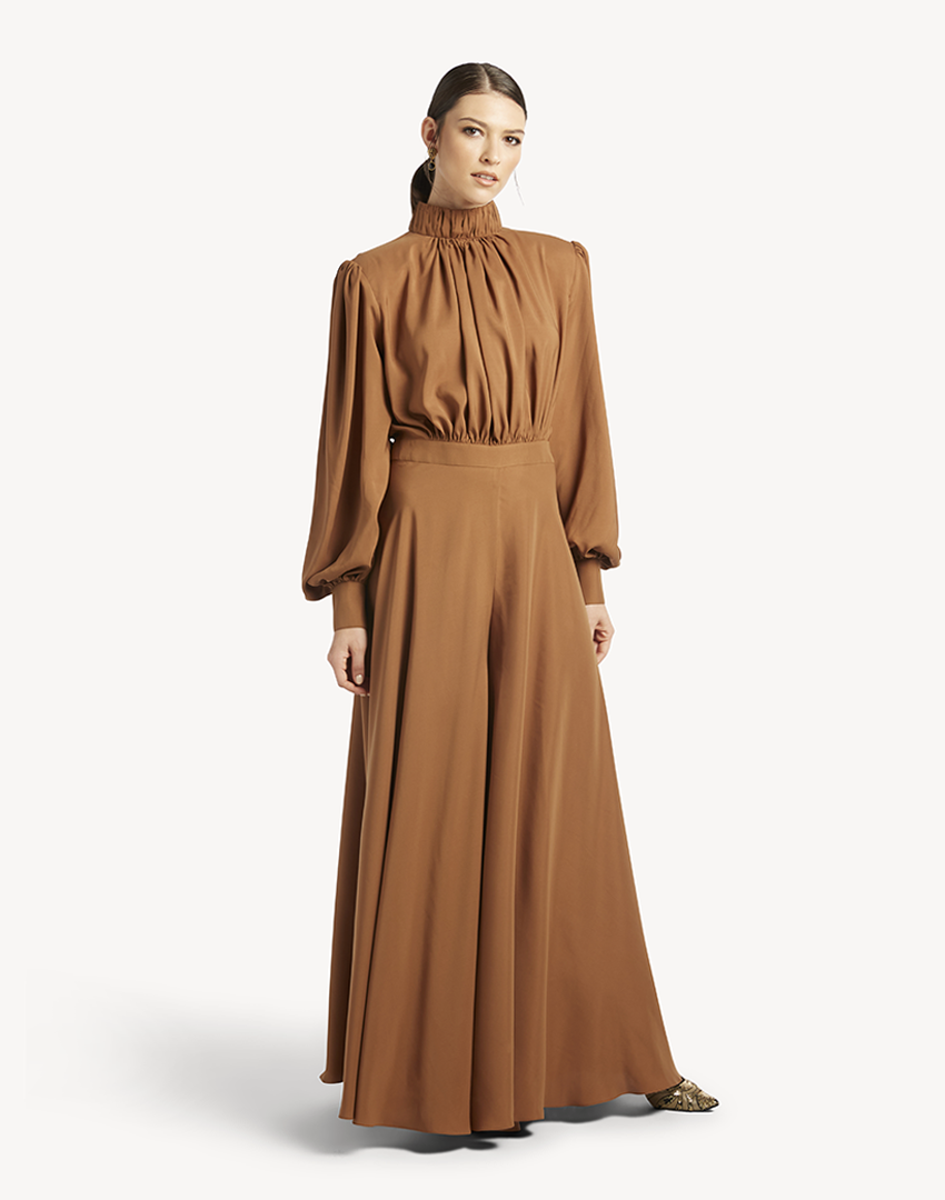Satin Matte High Pleated Neck Jumpsuit
